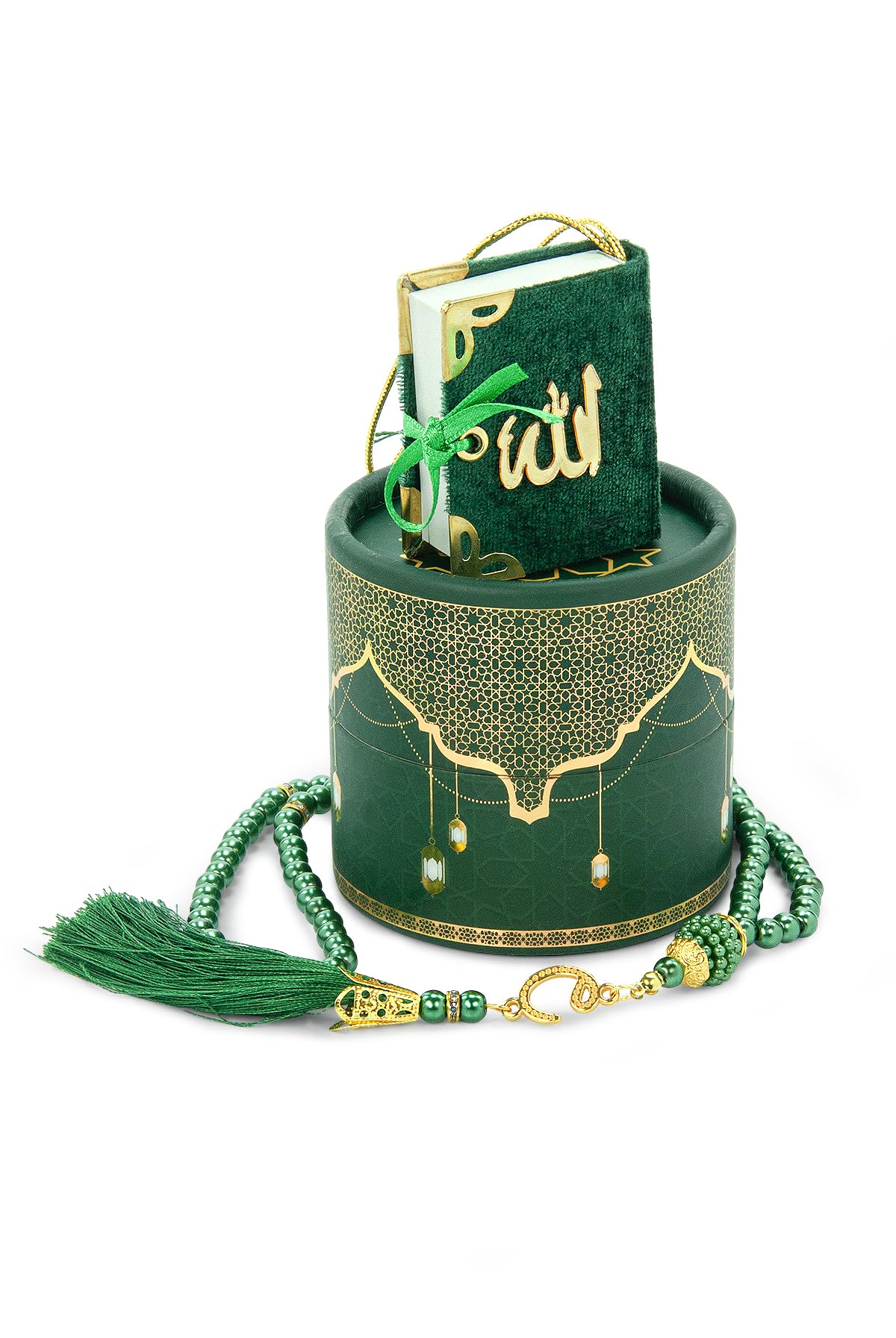 ihvan online Islamic Prayer Cylinder Gift Box with Elegant Velvet Covered Mini Quran & Prayer Beads Tesbih, Misbaha Tasbeeh Sibha 99 Mala Tasbih, Islamic Gift for Ramadan & Mawlid & Eid, Green