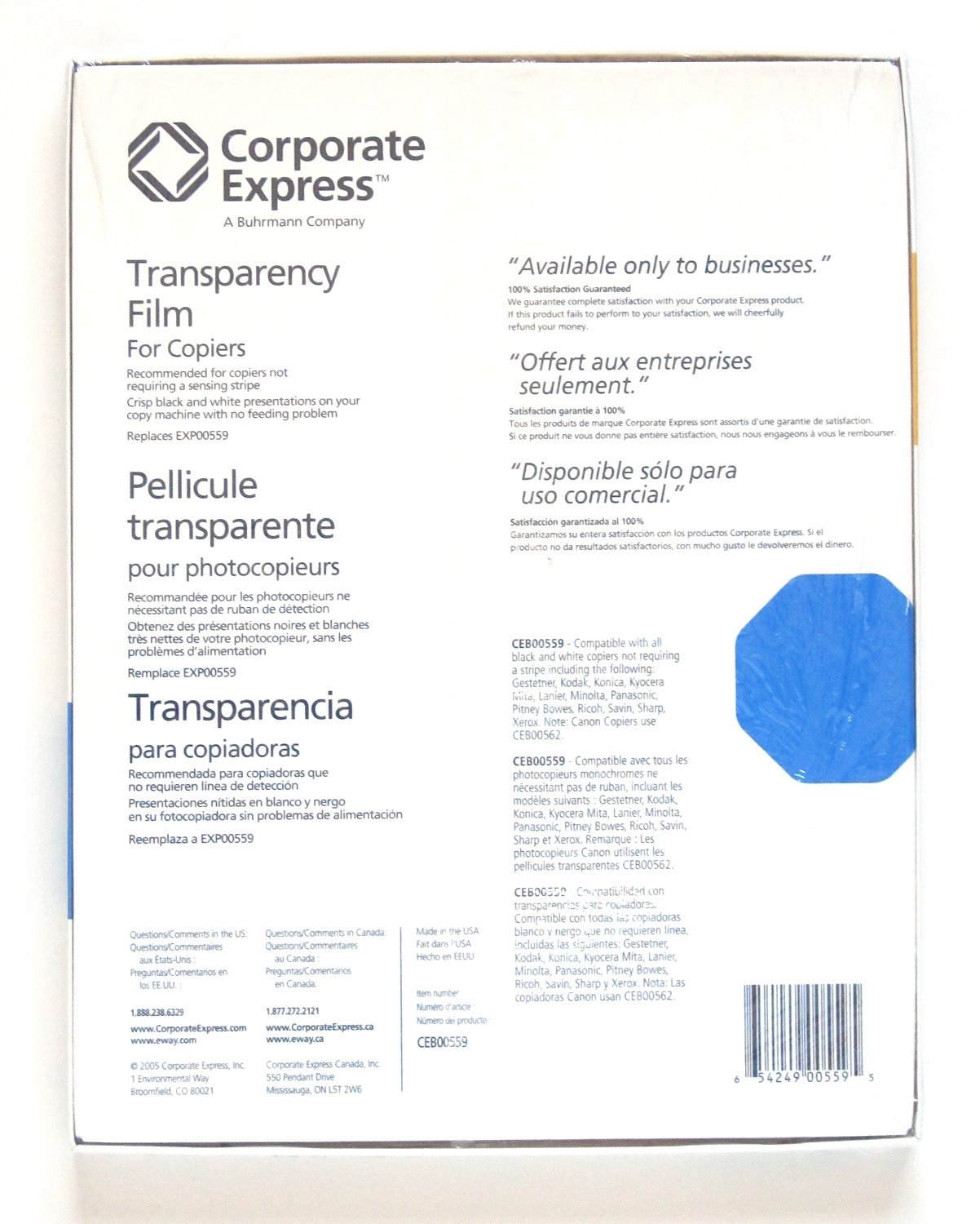 Transparency Film for Copiers Not Requiring a Sensing Stripe - 8.5 x 11 inches - 100 pack