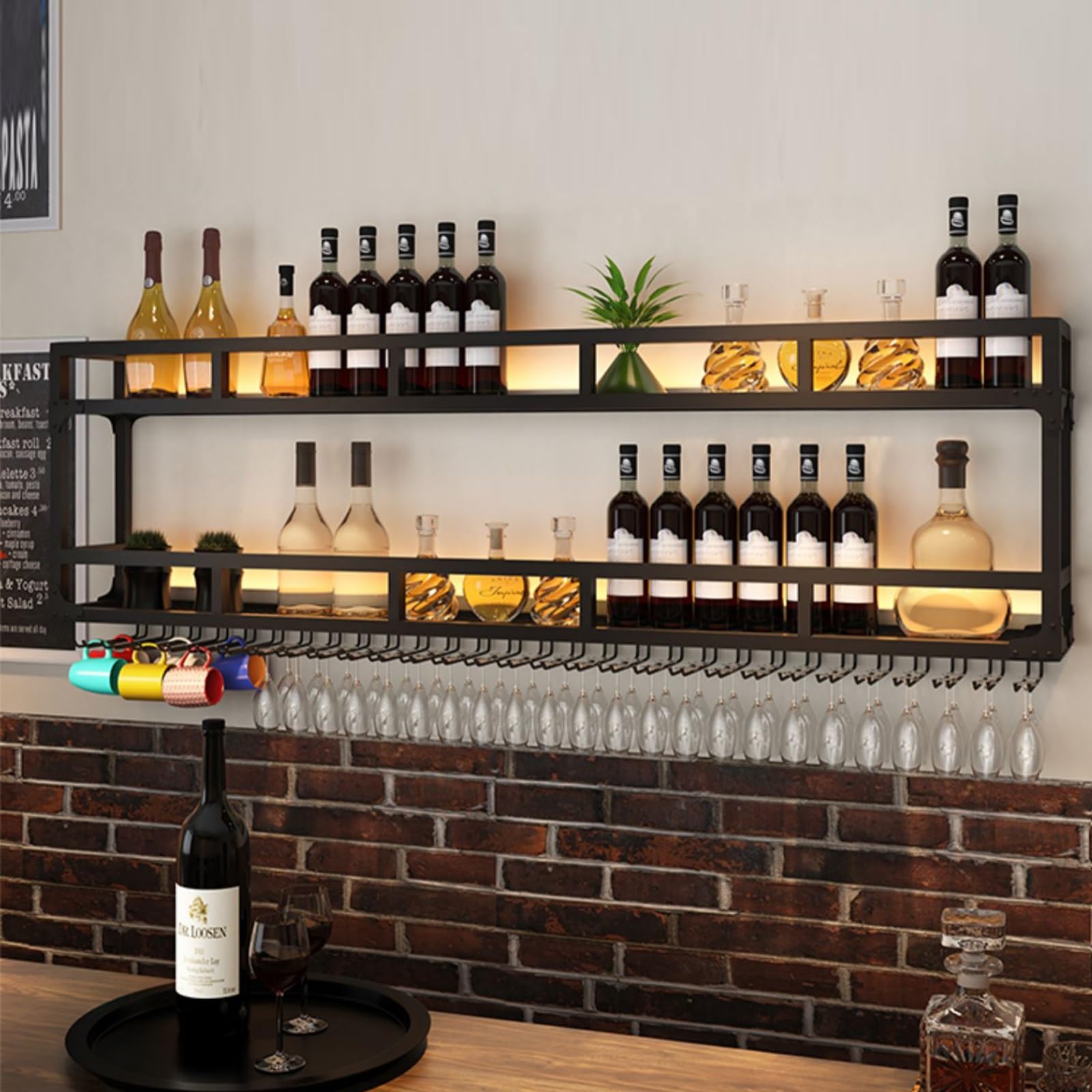 Casier à vin mural LED d'exception en métal noir porte-verres élégant