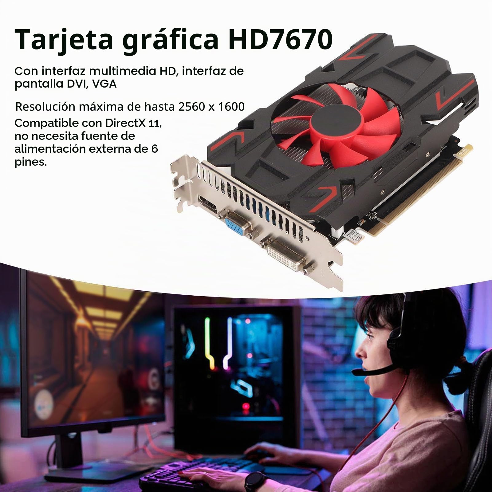 Tarjeta Gráfica HD7670, 4 GB DDR5 de 128 bits con Ventilador de Refrigeración, Soporte 2560 X 1600, DVI VGA, PCI Express 2.0, DirectX 11 para Juegos y Multimedia (HD7670 4GB DDR5)
