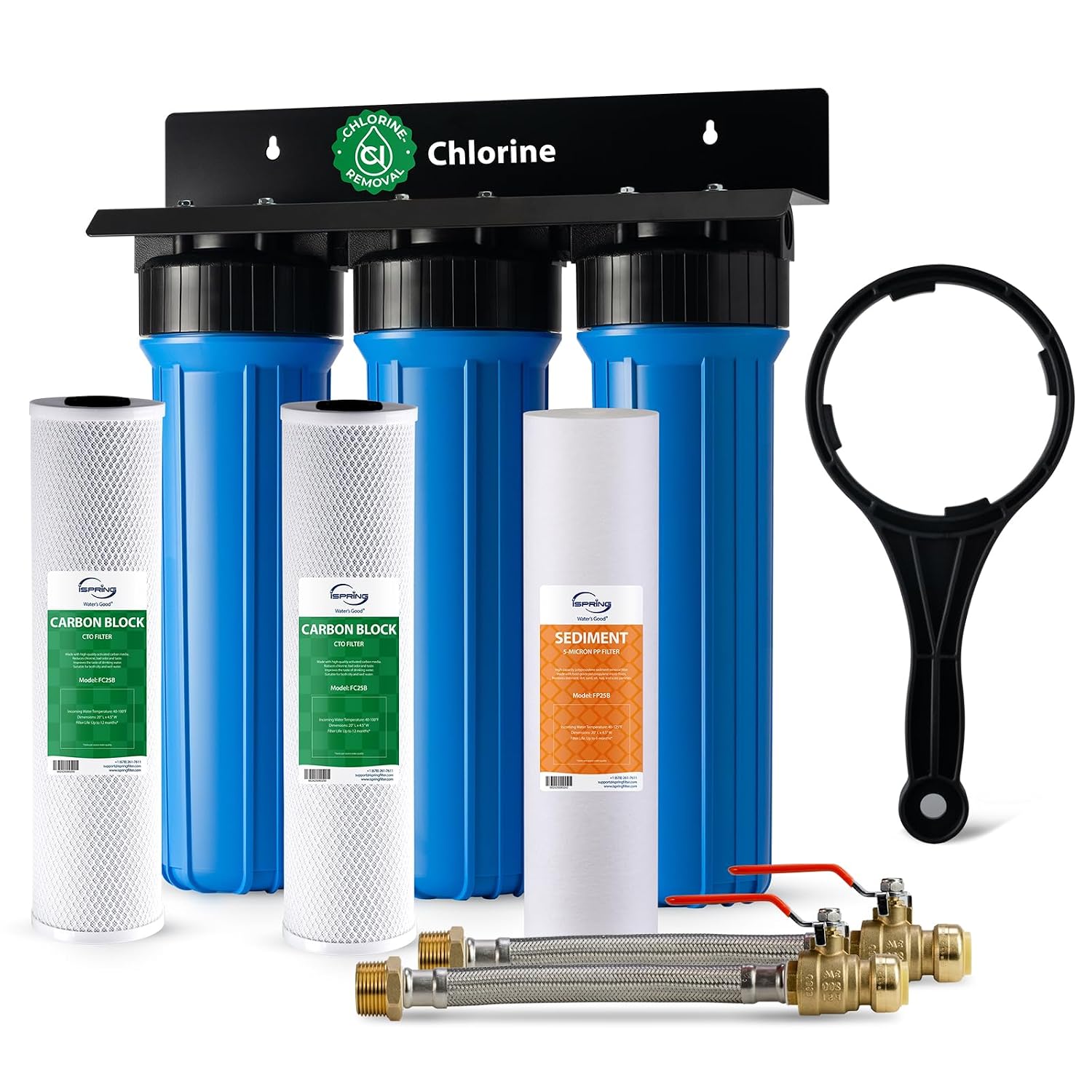 iSpring WGB32B+AHPF12MNPT16X2 3-Stage Whole House Water Filter System, Reduces Chlorine, Sediment Home Water Filtration System w/ 3/4'' Push-Fit Braided Stainless Steel Hose Connectors