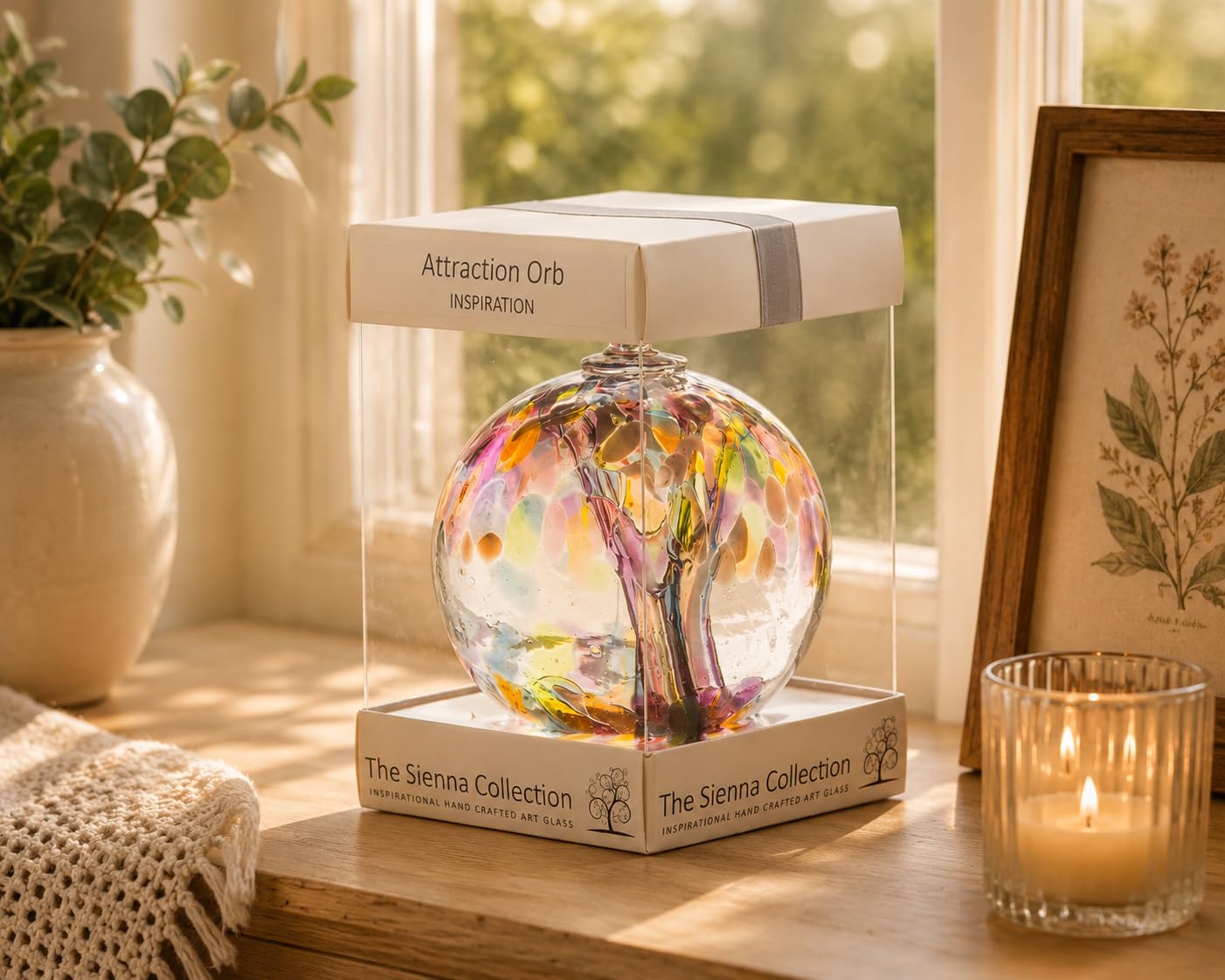 Sienna Glass Attraction Orb – 10cm Handcrafted Mouth-Blown Glass Ornament – Inspiration – Hanging Window Decoration – Keepsake Gift Boxed with Ribbon