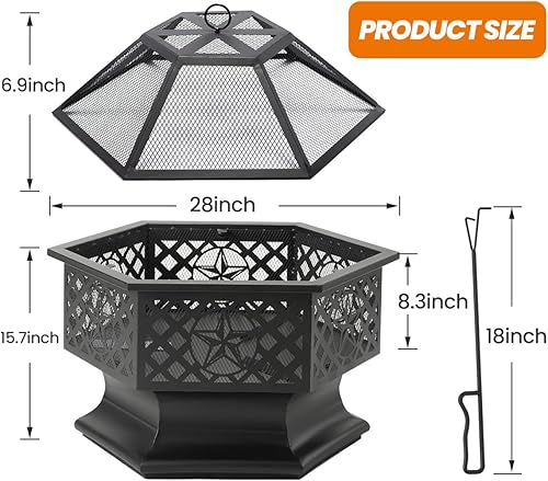 Miniatura 5 de Fogata hexagonal de 28 pulgadas, hoguera de leña para exteriores con pantalla de chispas y póker, hoguera hexagonal de metal para exteriores, patio,