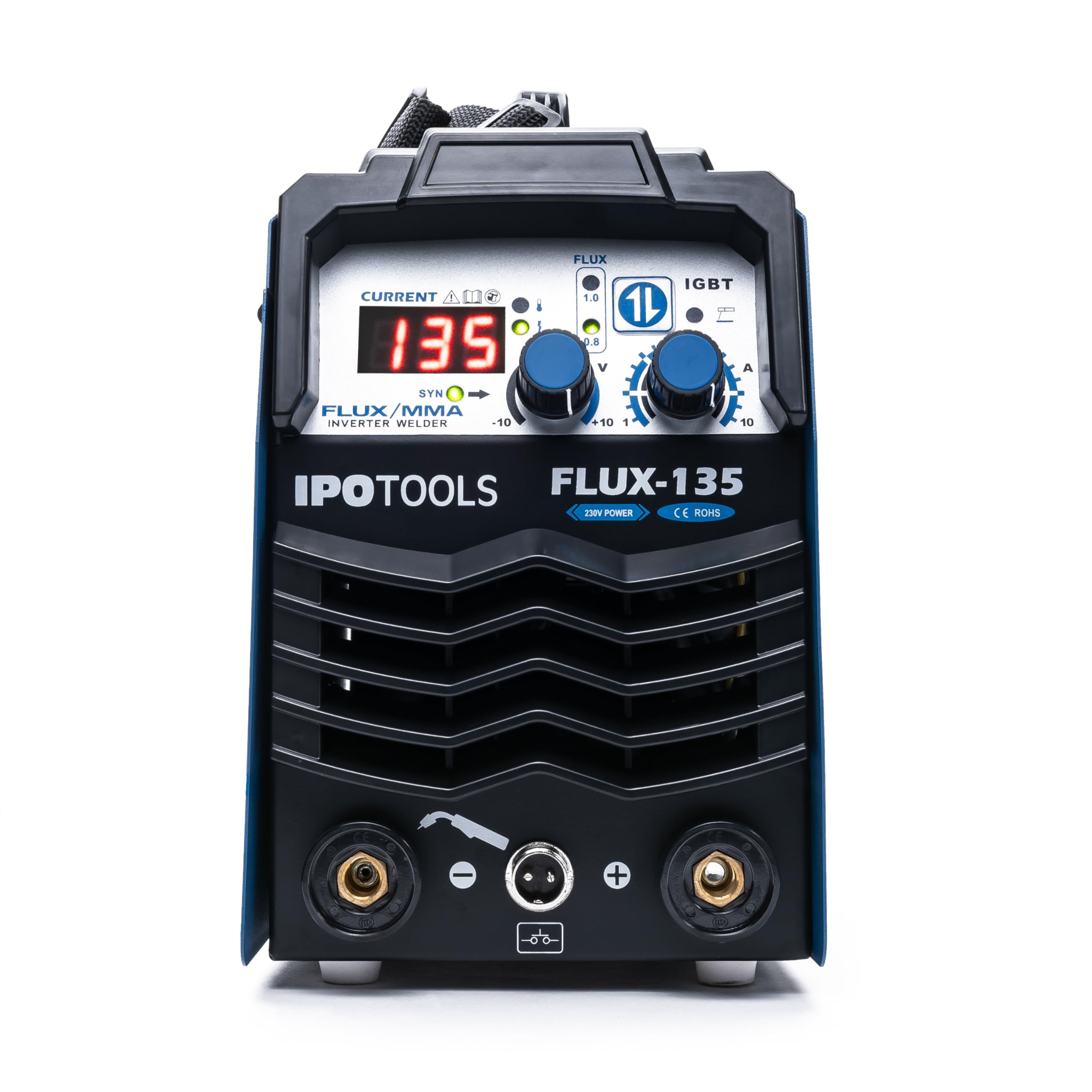 IPOTOOLS FLUX-135 - Saldatrice a filo di riempimento, senza gas, 135 A, senza gas, per saldatrice, filo di riempimento 0,8 mm o 1,0 mm, con MMA/IGBT/230 V