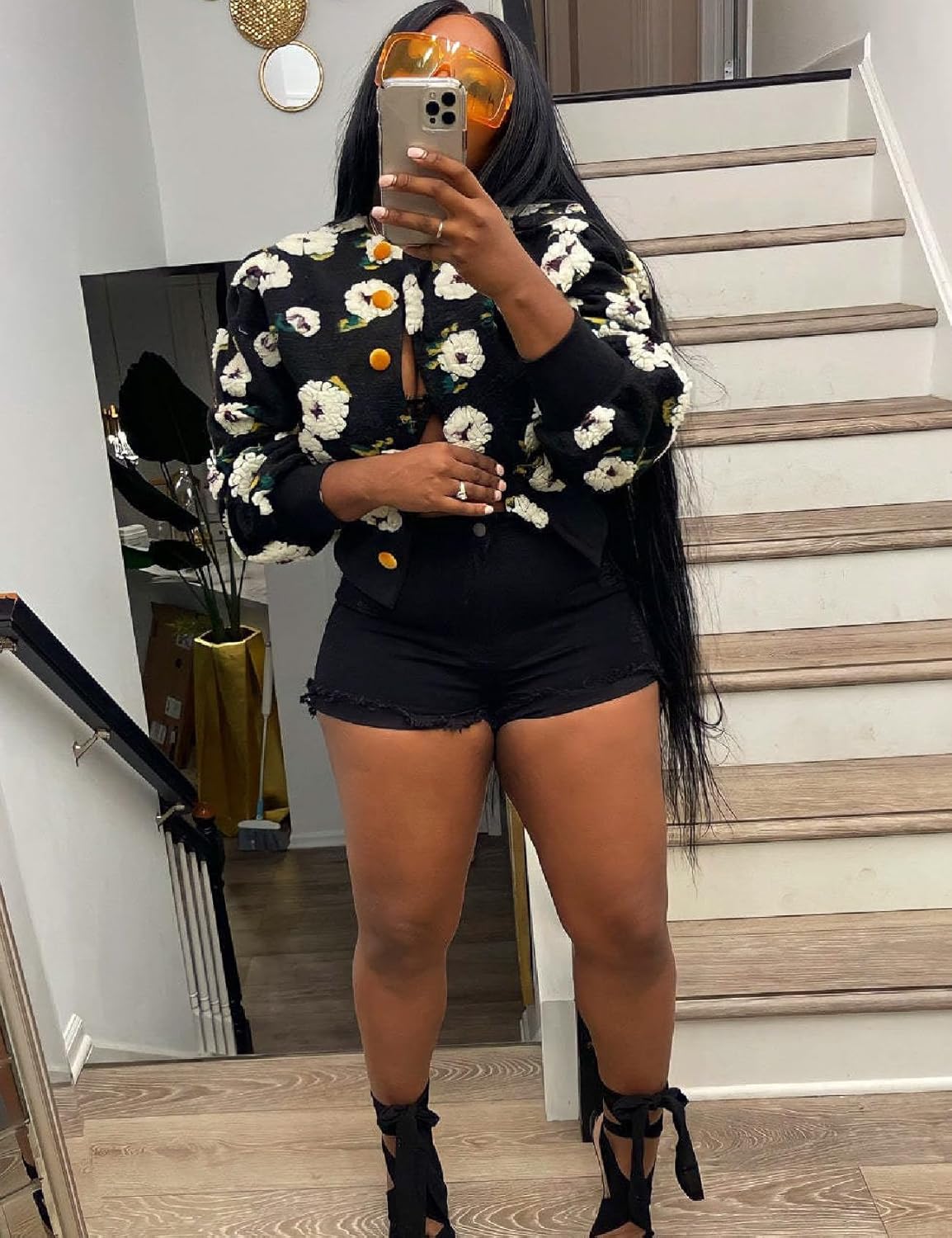 Womens Cropped Floral Print Jacket Warm Fleece Bomber Jacket Casual Button Down Coats Fall Puff Outerwears - Image 4