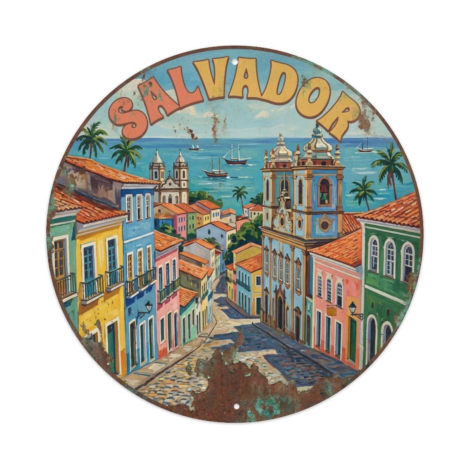 Brazil Vintage Travel Salvador Vintage Metal Tin Sign Plaque Wall Decor for Cafe, Club Bar, Office, Garden Metal Poster 8x8Inch