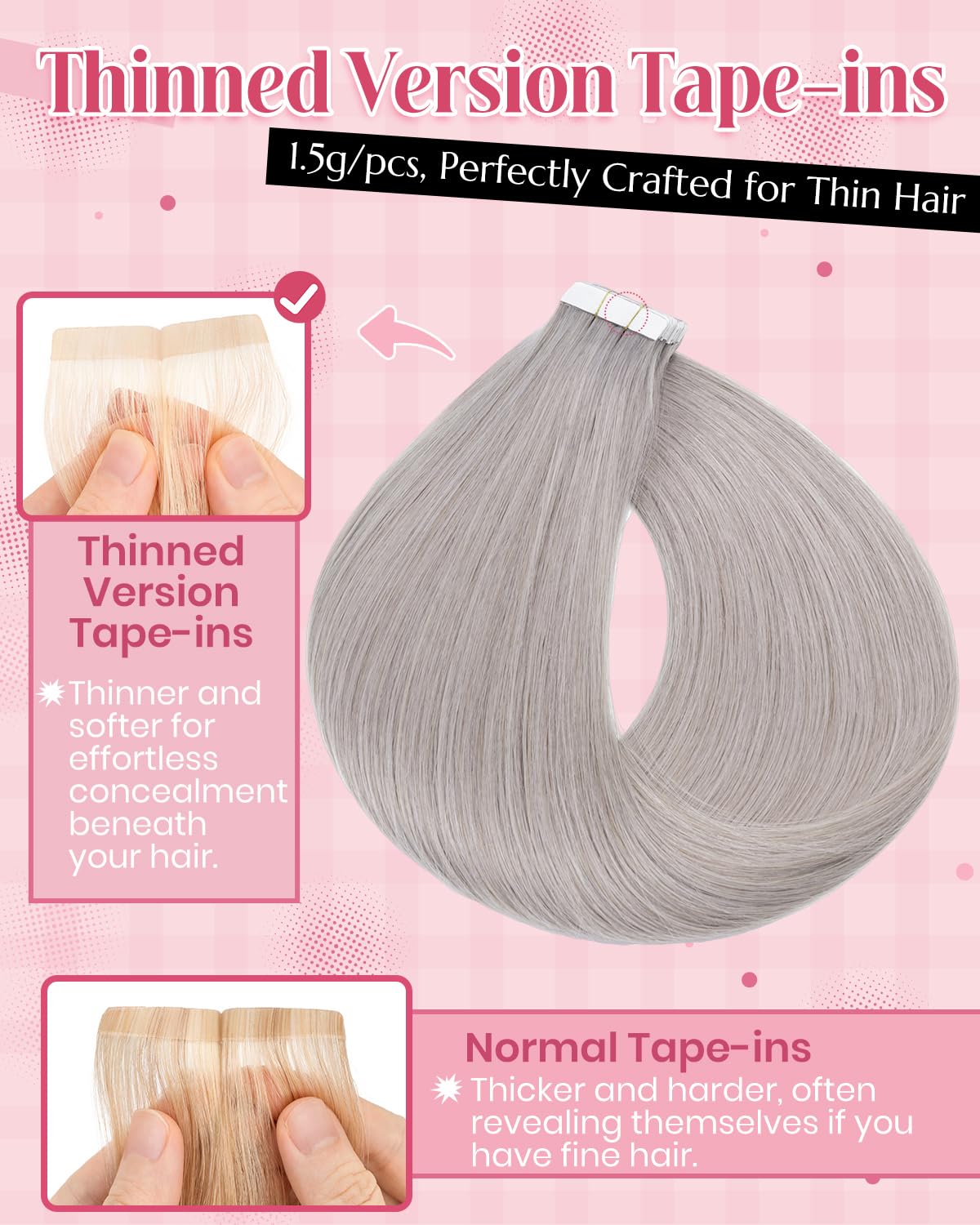 SLEEKALON Invisible Tape in Hair Extensions Real Human Hair 10 Pcs Thinned Version #Grey - Image 3