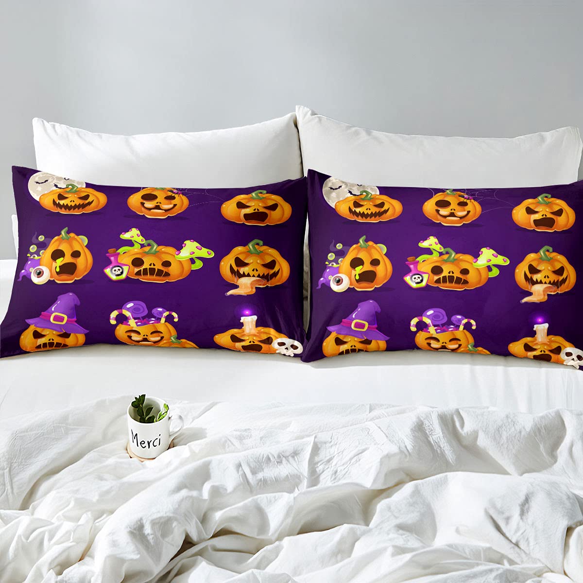 Homewish Kinder Kürbis Laterne Bettbezug 135X200, Halloween Themen Bettbezug Jungen Mädchen Pilz Garten Pflanzen Bettwäsche Set Totenkopf Gothic Spooky Cartoon Bettbezug Mit 1 Kissenbezug, Lila