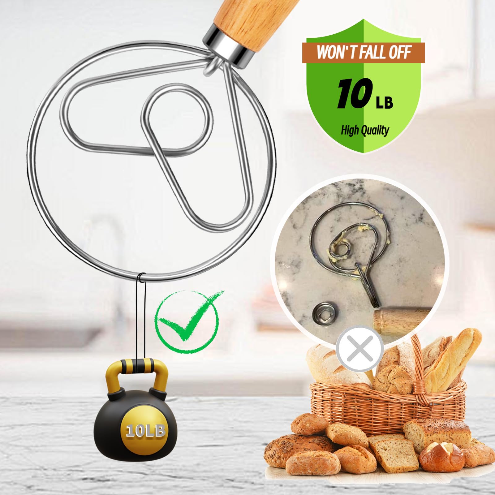 Batidor danés de masa – Batidor danés de madera para masa con gancho de acero inoxidable – Batidor tradicional holandés – Batidor de pan para masa madre suministros para hornear pan y