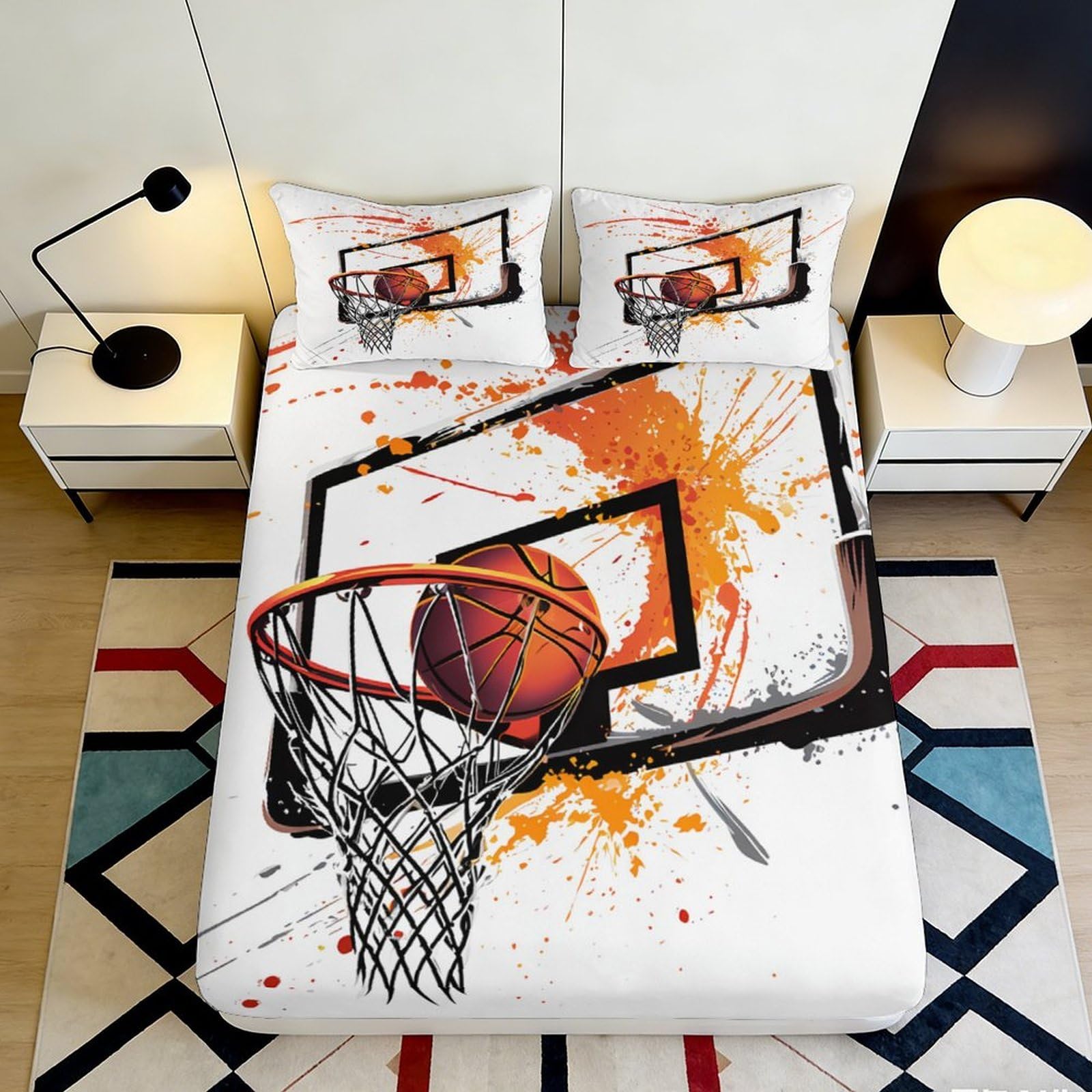 Pnayamiorkfel Style-1 3D Printed Basketball Hoop Fitted Sheet Microfiber Orange Splash Bed Cover For Bedroom Dorm Mattress Protection Decor 90X200x25cm