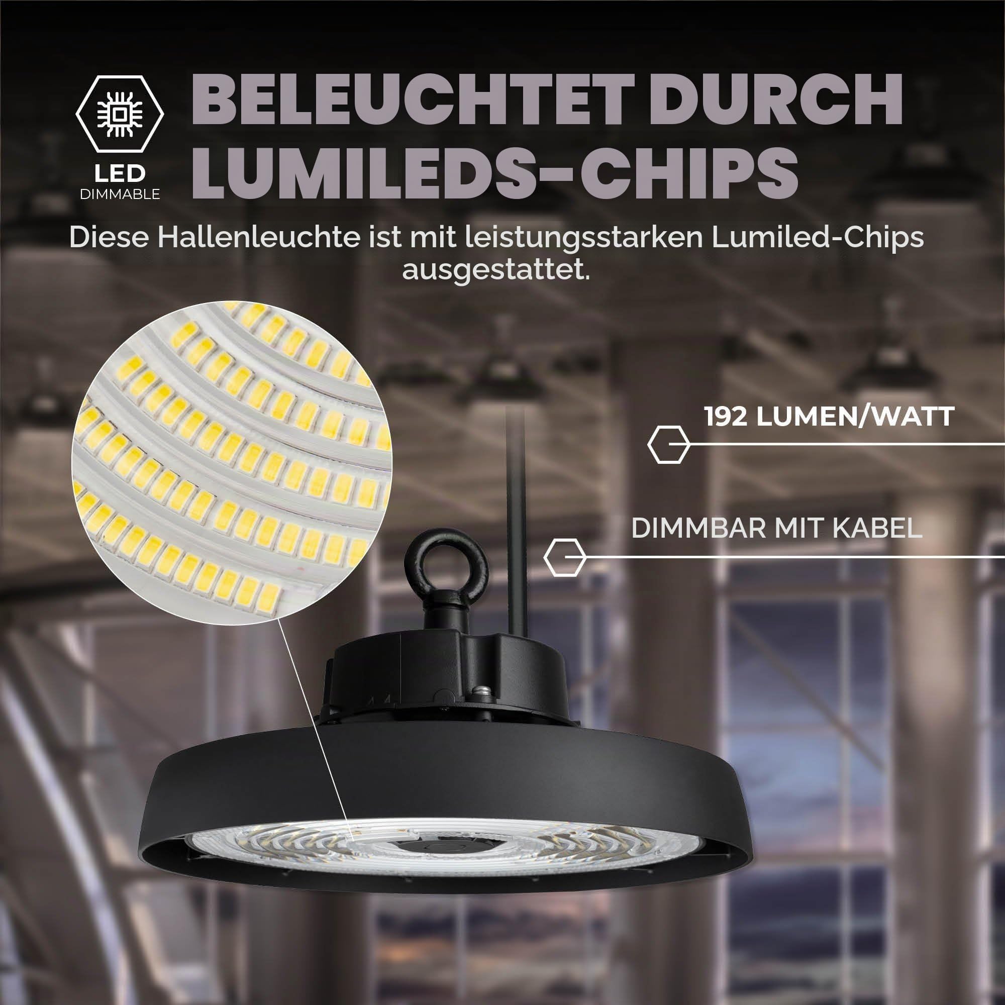 Ledvion Energieeffiziente LED-Hallenstrahler 80W, Energieklasse A, 192lm/W, 15.360 Lumen, 4000K, IP65, Dimmbar, 5 Jahre Garantie, Professionelle UFO Lampe, IP65-Zertifizierung | 192 lm/W (Klasse A), Sosen-Treiber, dimmbar, IP65
