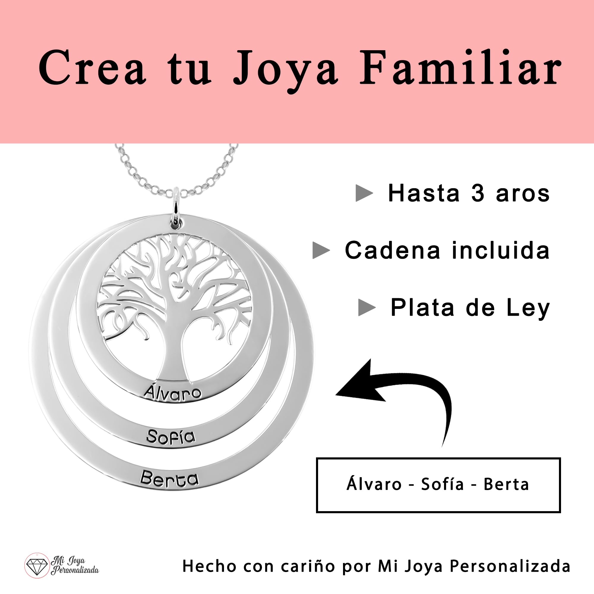 Colgante de Plata Personalizado con Árbol de la Vida y Nombres Grabados - Collar con hasta 3 Aros para Familia - Joyería Simbólica para Madres y Abuelas