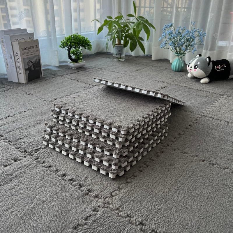 Plush Foam Floor Mats, 10pcs Interlocking Carpet Tiles with Edge Binding, Soft Flannel Foam Flooring for Nursery Playroom, to Fit Bedroom Area Rugs, Washable Floor(Gray)