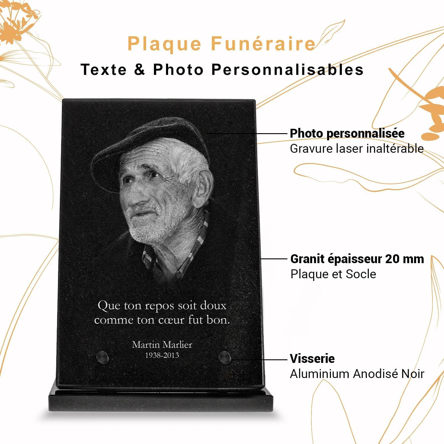 ETERNEL - Plaque Funéraire Personnalisée Premium, Rectangle Granit Massif, Photo Et Texte Gravée Au Laser, Plaque Funéraire Photo Personnalisée, Mortuaire, Obsèques, Funérailles