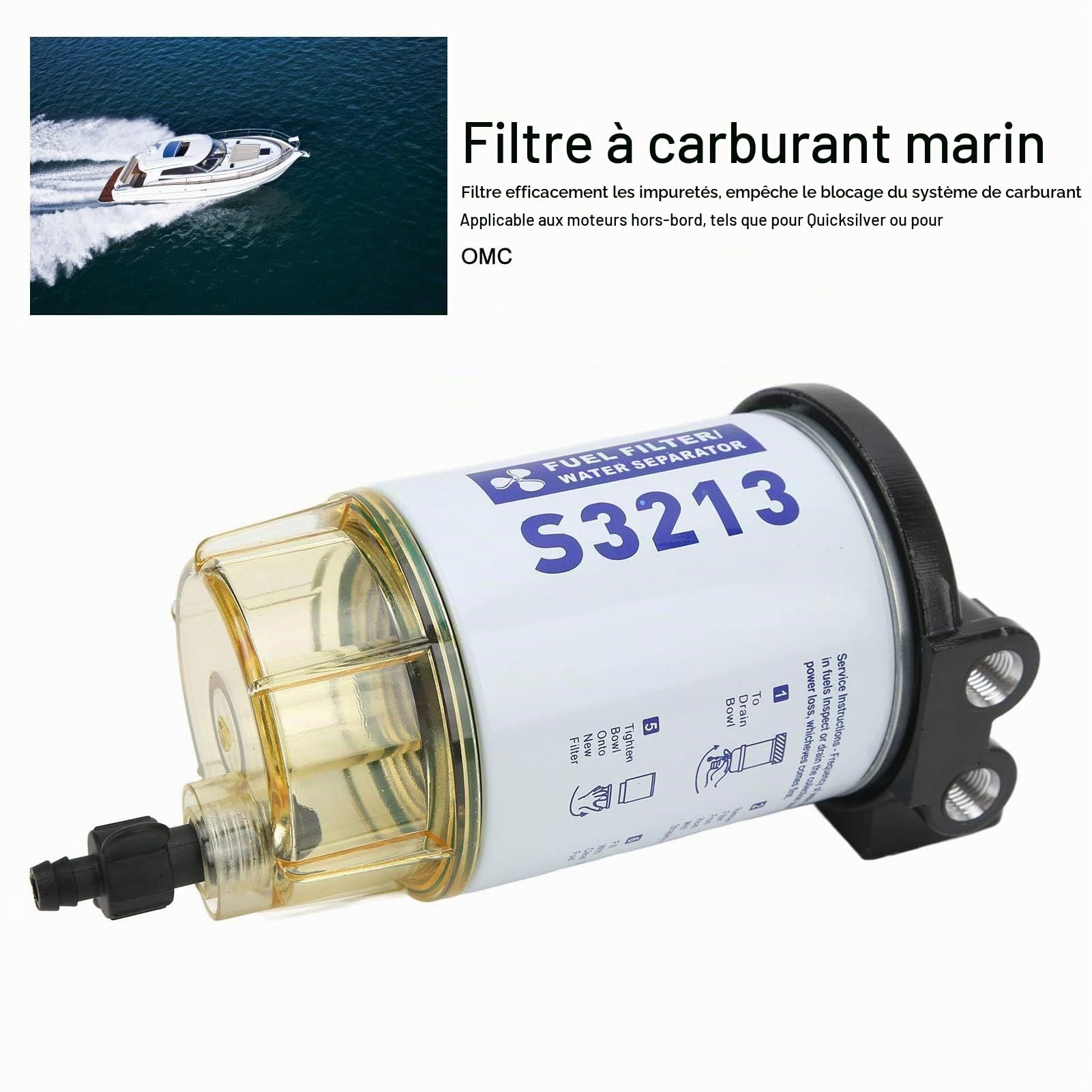 HERCHR Séparateur d'eau Marine, Filtre à Carburant pour Bateau Séparateur d'eau et de Carburant Marin du Séparateur d'eau du Filtre à Carburant du Yacht S3213 pour L'élimination des Impuretés