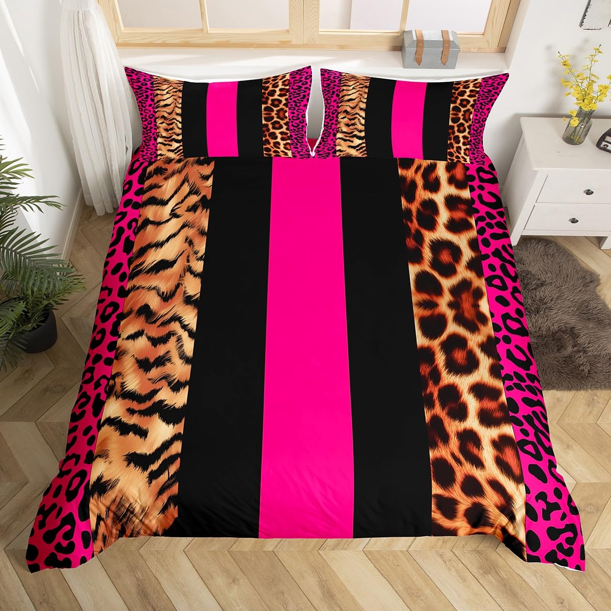richhome Leopard Fur Print Bedding Set for Kids Cheetah Comforter Cover Set King Size Animals Hot Pink Black Duvet Cover Bedroom Decor Safari Bedspread Cover Zebra Bedding Collection 3Pcs