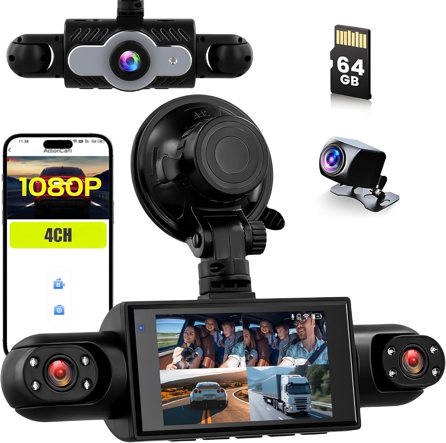 360° Dashcam 4 Canales, Camara para Coche Frontal 1080P, Pantalla IPS 3" | Cámara Vigilancia Coche Con Tarjeta SD 64GB/G-Sensor/24H Modo Aparcamiento/Visión Nocturna/Grabación en Bucle