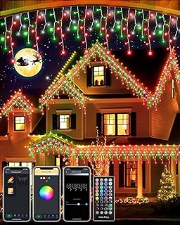 Smart Icicle Christmas Lights Colour Changing, 10M Custom Diaplay 299 LED Icicle Lights for Outside, Plug in Curtain Twinkle Lights Music Sync Timer for Home Holiday Eaves Yard Party Room Decor