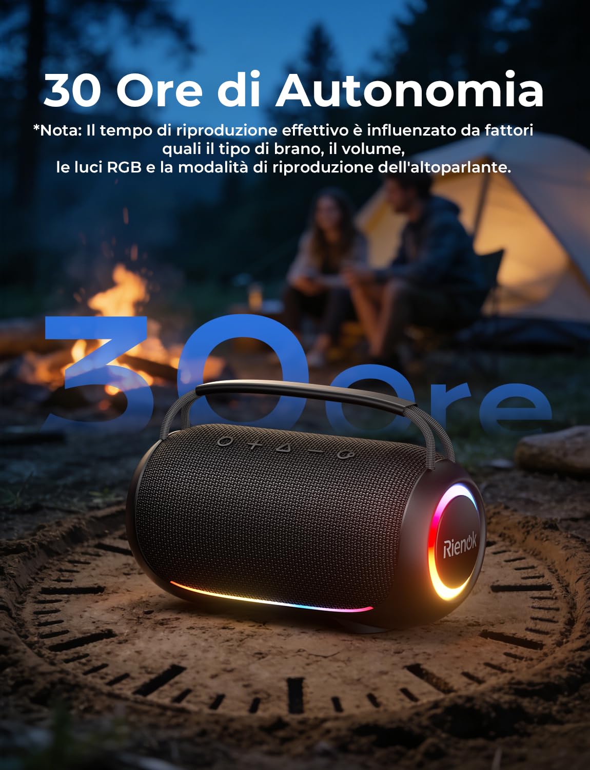 RIENOK Cassa Bluetooth Potente Portatile 80W Esterno Impermeabile IPX6, 30 Ore di Autonomia, Supporta Chiavetta USB/Scheda TF/AUX, Senza Fili Speaker Bluetooth per Feste Campeggio Spiaggia