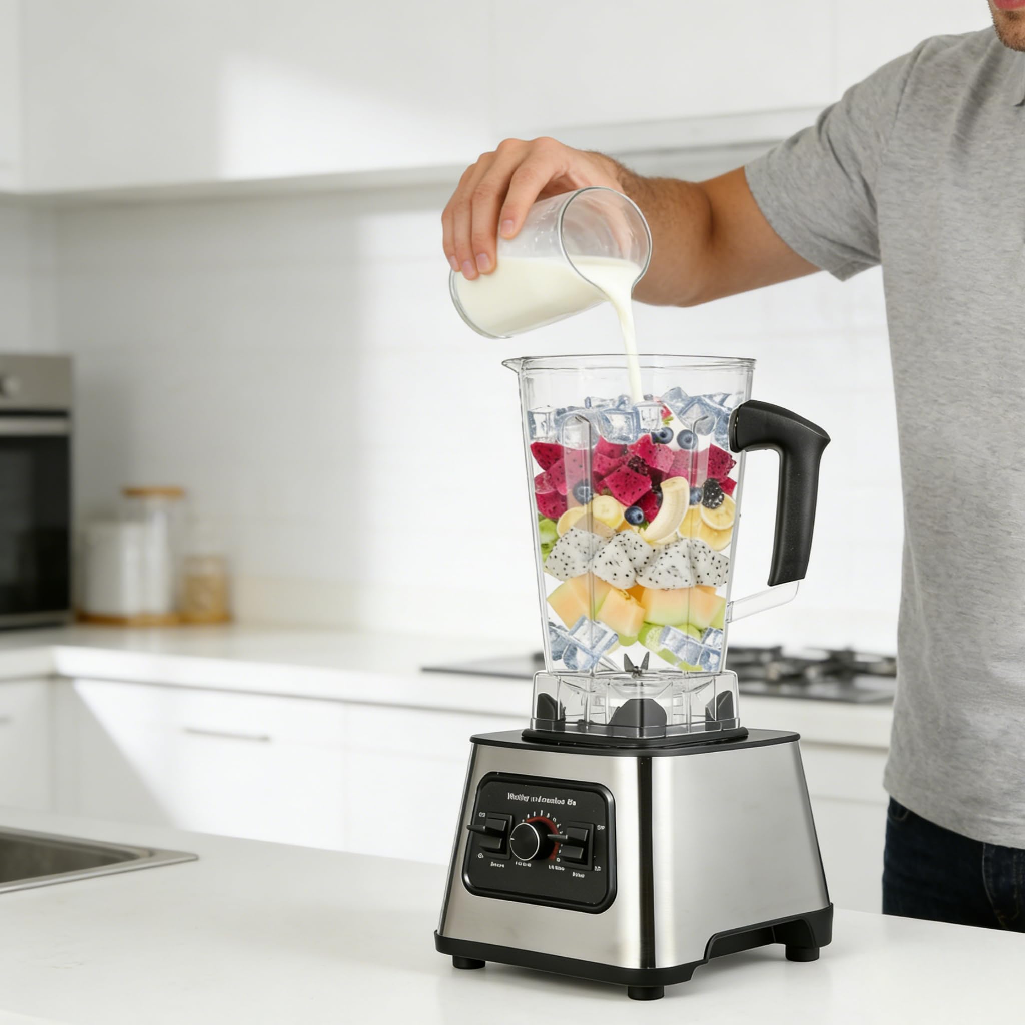 Mixeur Multifonction 6000W, 2 en 1 pour jus et smoothies avec 9 vitesses réglables, 2 pichets, 4 lames en acier inoxydable, mixeur de cuisine pour smoothies, jus de fruits et légumes