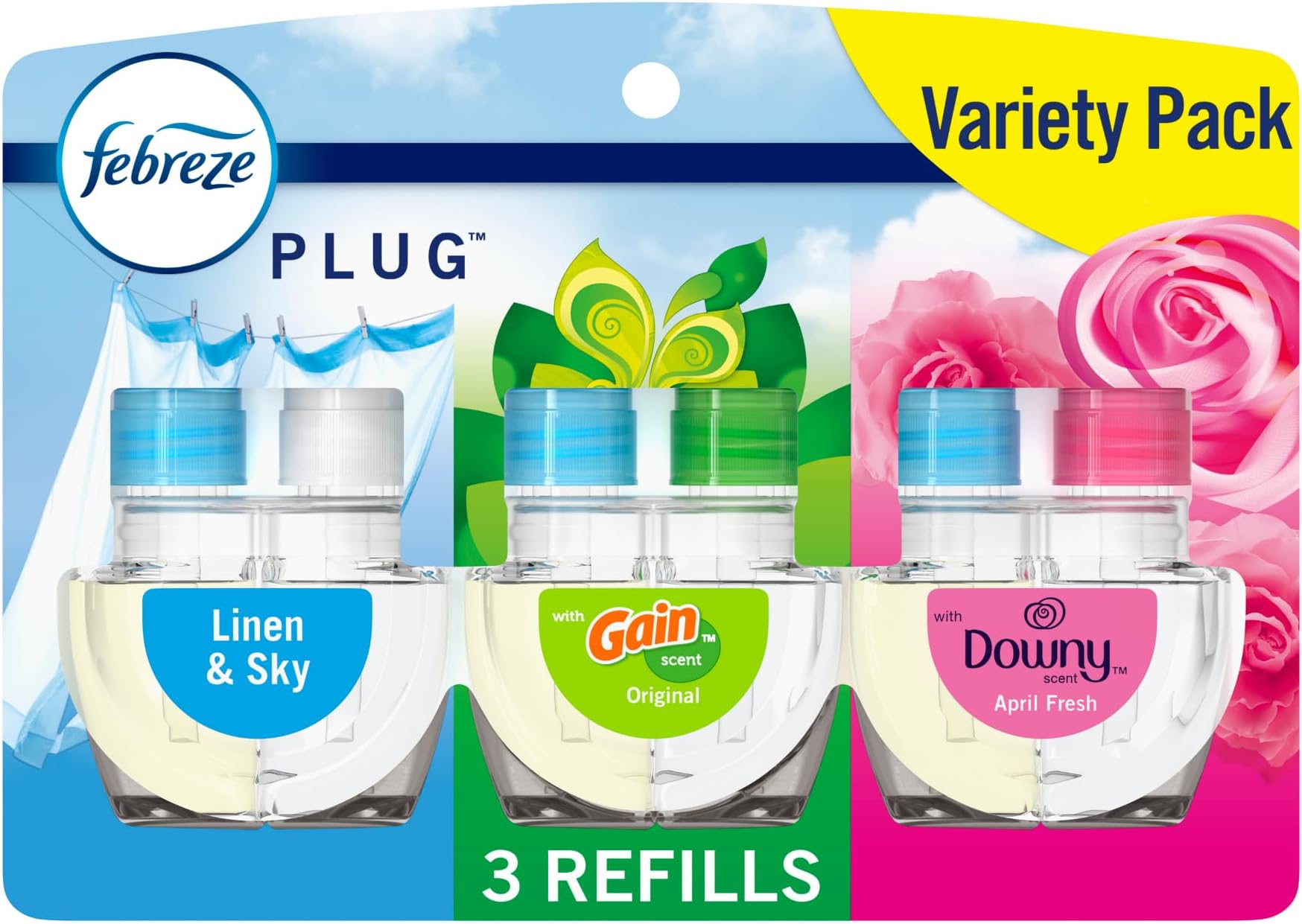 Odor-Fighting Fade Defy PLUG Air Freshener, Downy April Fresh, Gain Original, Linen & Sky, (3) .87 fl. oz. Oil Refills