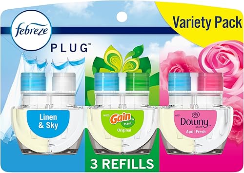 Febreze Downy April Fresh, Gain Original, Linen & Sky - Ambientador que combate los olores, 3 repuestos de aceite de 0.87 onzas líquidas