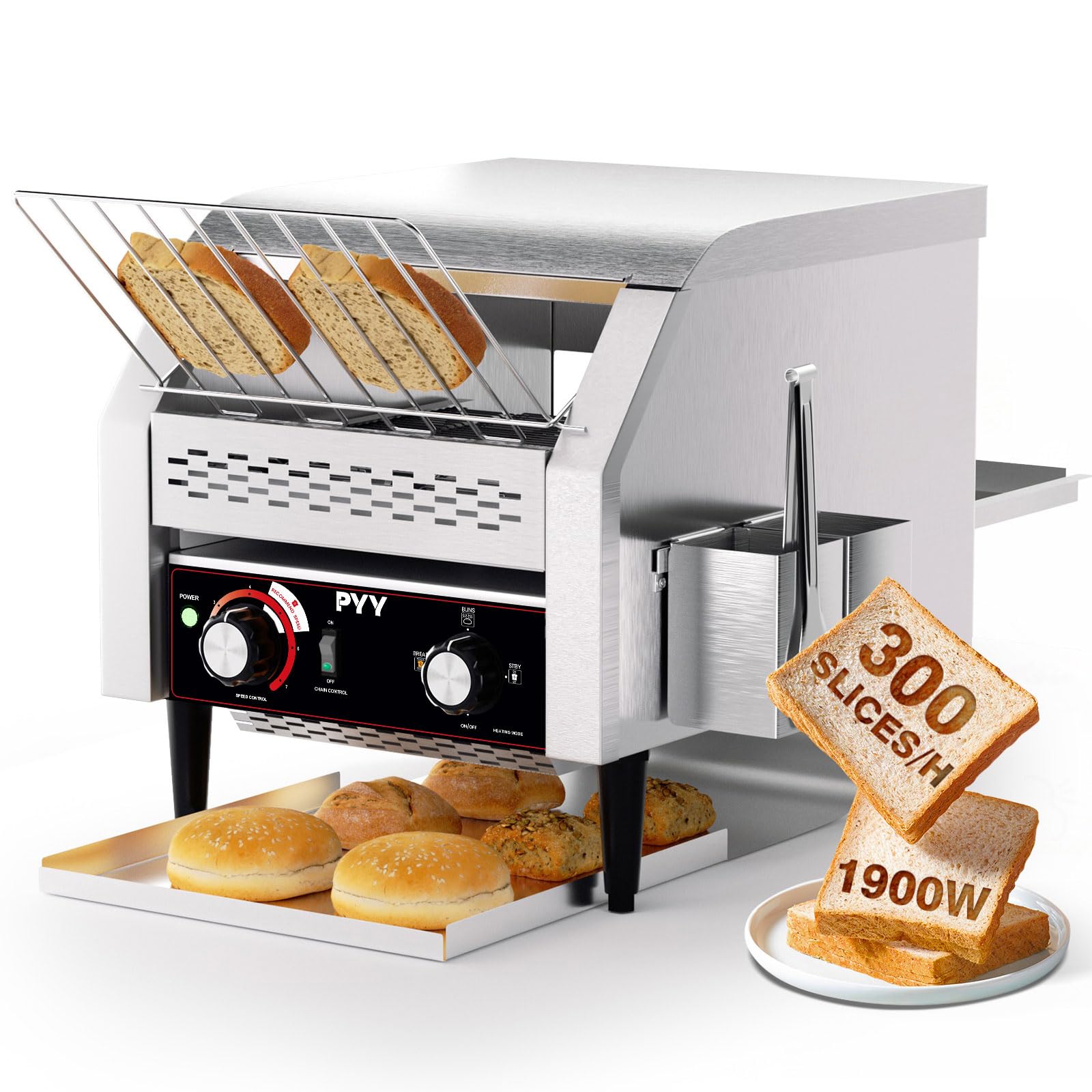 PYY Commercial Conveyor Toaster - 300 Slices/Hour 1900W Heavy Duty Stainless Steel Toaster for Bun/Bagel/Bread, 110V Restaurant/Bakery Use