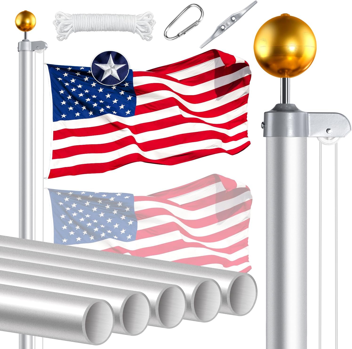 MVPRING Heavy Duty Flag Pole Kit, 20 FT 13 Gauge Aluminum in Ground Flagpole with Spun American Flag for House Outside, Residential Commercial Outdoor, Silver Silver 20.0 Feet