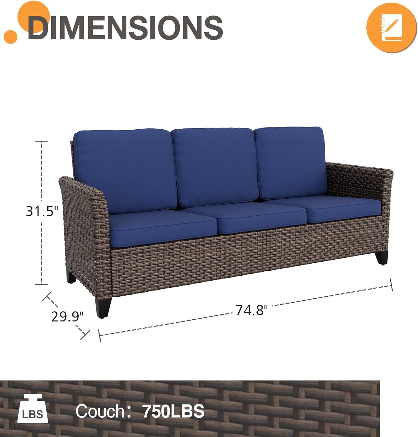 COOS BAY Harbor Retreat Outdoor Sofa, 3 Seat Rattan Couch Sofa with Cushions, Small Patio Furniture for Balcony or Deck, Brown/Blue