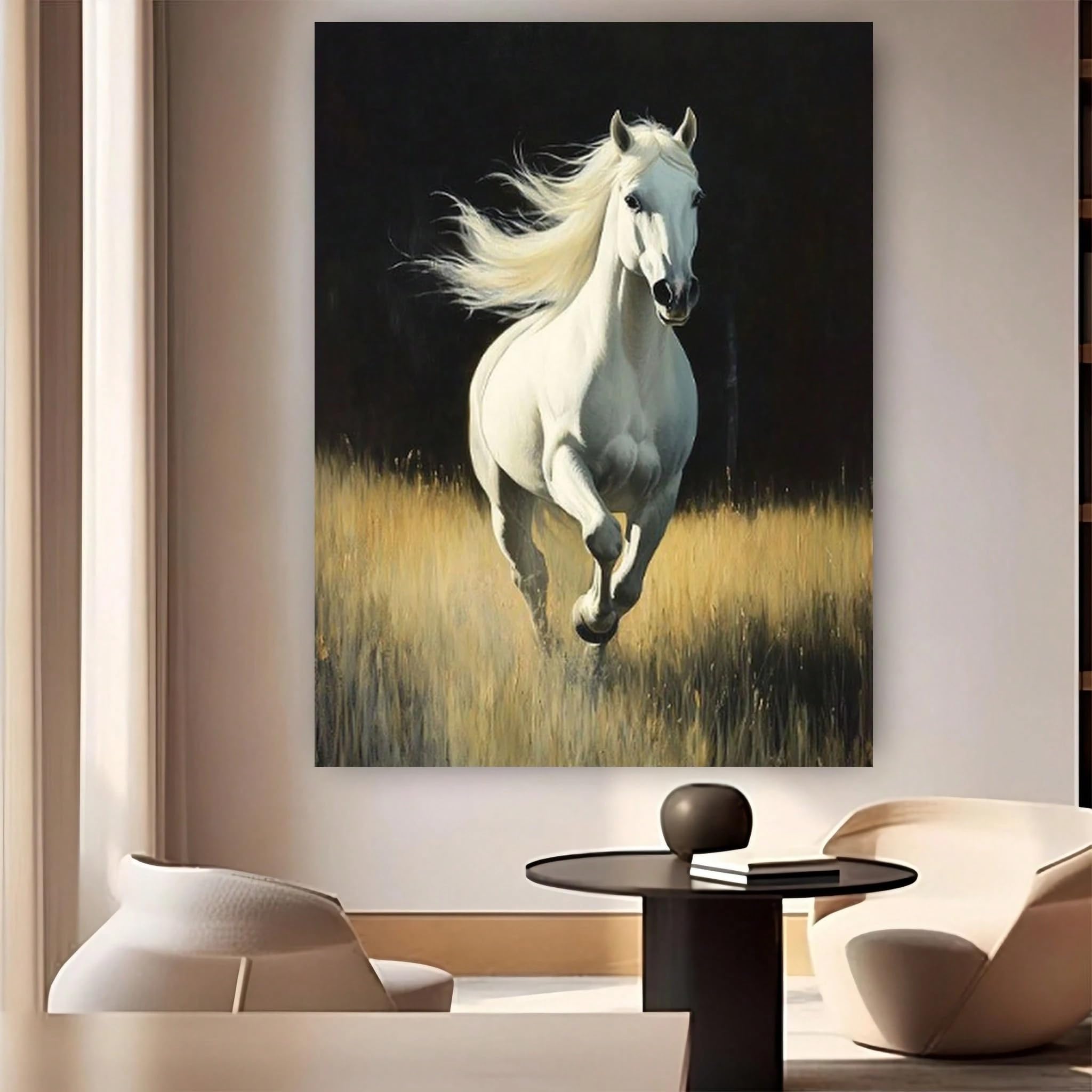 VCBNUGH Stampa su tela raffigurante uno stallone equestre, cavallo su erba dorata, decorazione murale con animali selvatici su sfondo nero (50x70 cm/con cornice)