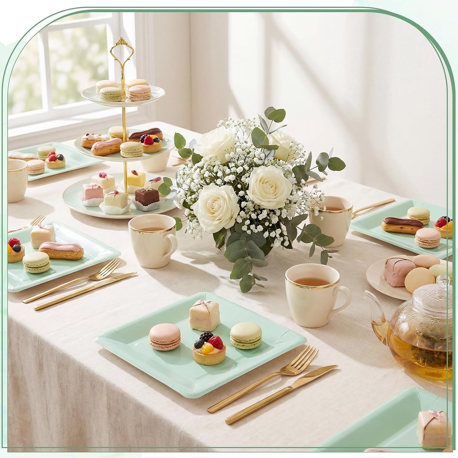 Lallisa 200 Pcs 8 Inch Disposable Square Paper Plates Bulk Appetizer Bagasse Fiber Dessert Dinner Plates for Wedding Party Supplies Table Decor Bridal Baby Shower(Sage Green)