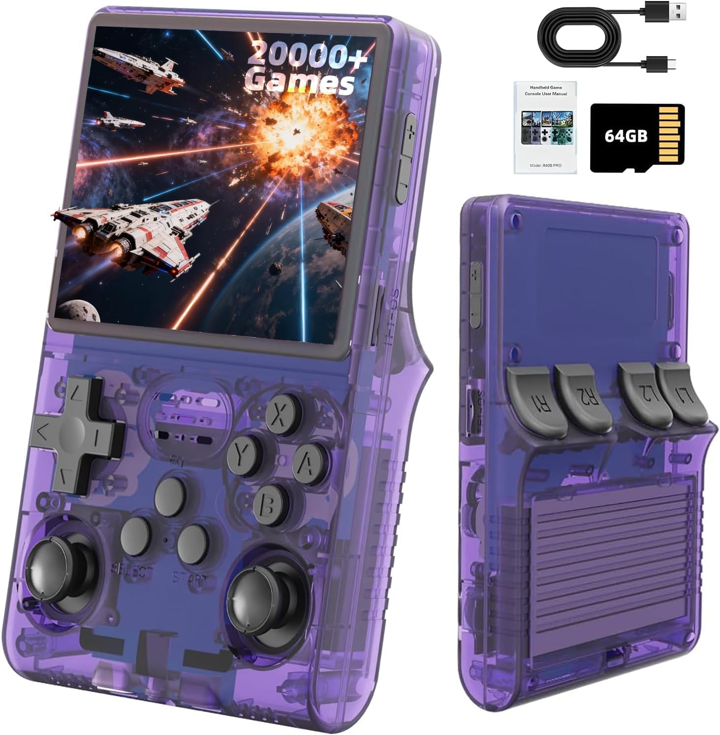 R36S Retro Handheld Game Console, 3.5in IPS , Preloaded with 40000+Classic Games, Portable Game Console,30 +Game Emulator, Linux System,3500mah Rechargeable Battery (Transparent Purple)