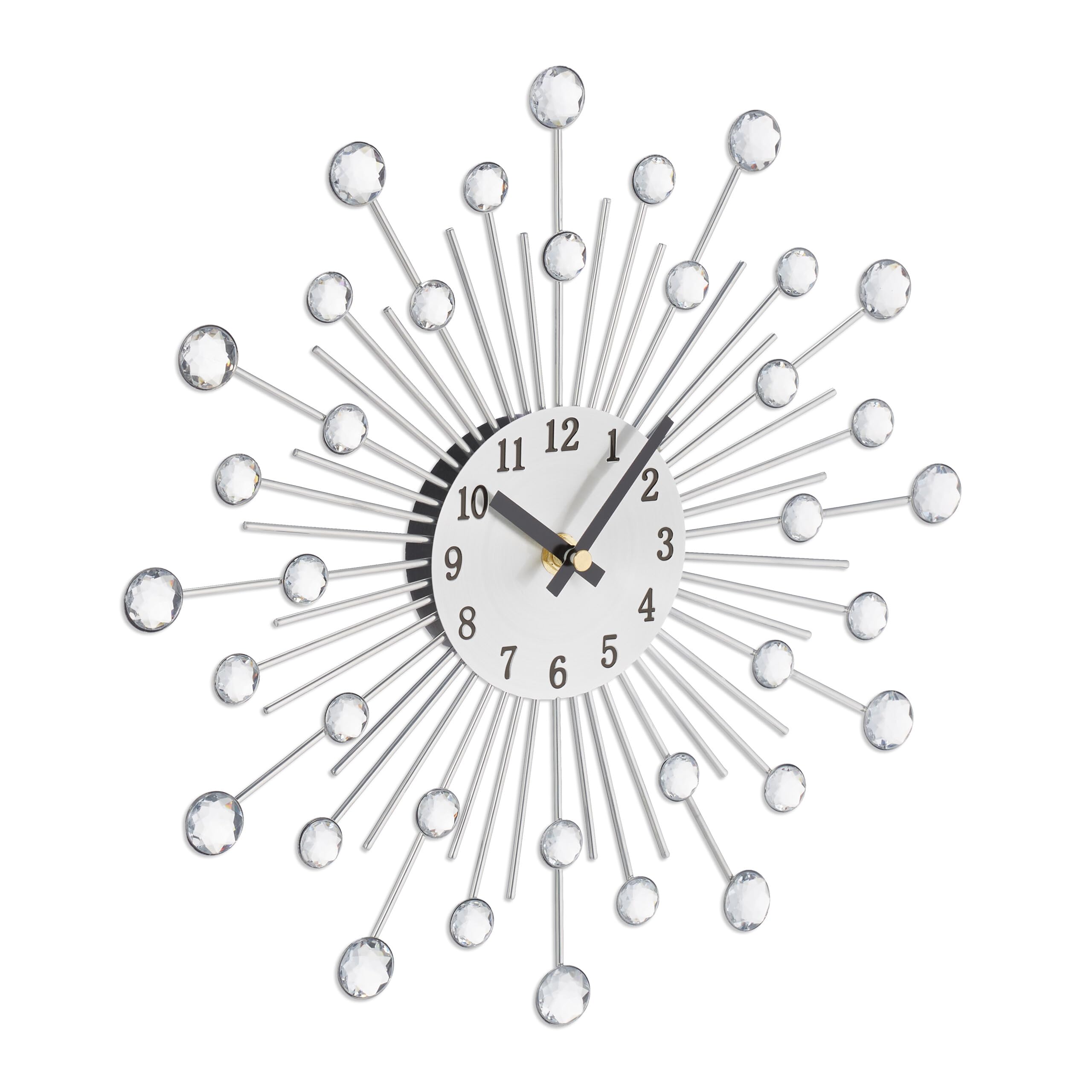 Relaxdays Wall Clock, Glittering Stones Design, Battery-operated, Analogue, for Living Room, Kitchen, Office, Silver, Iron, 33 x 4.5 cm