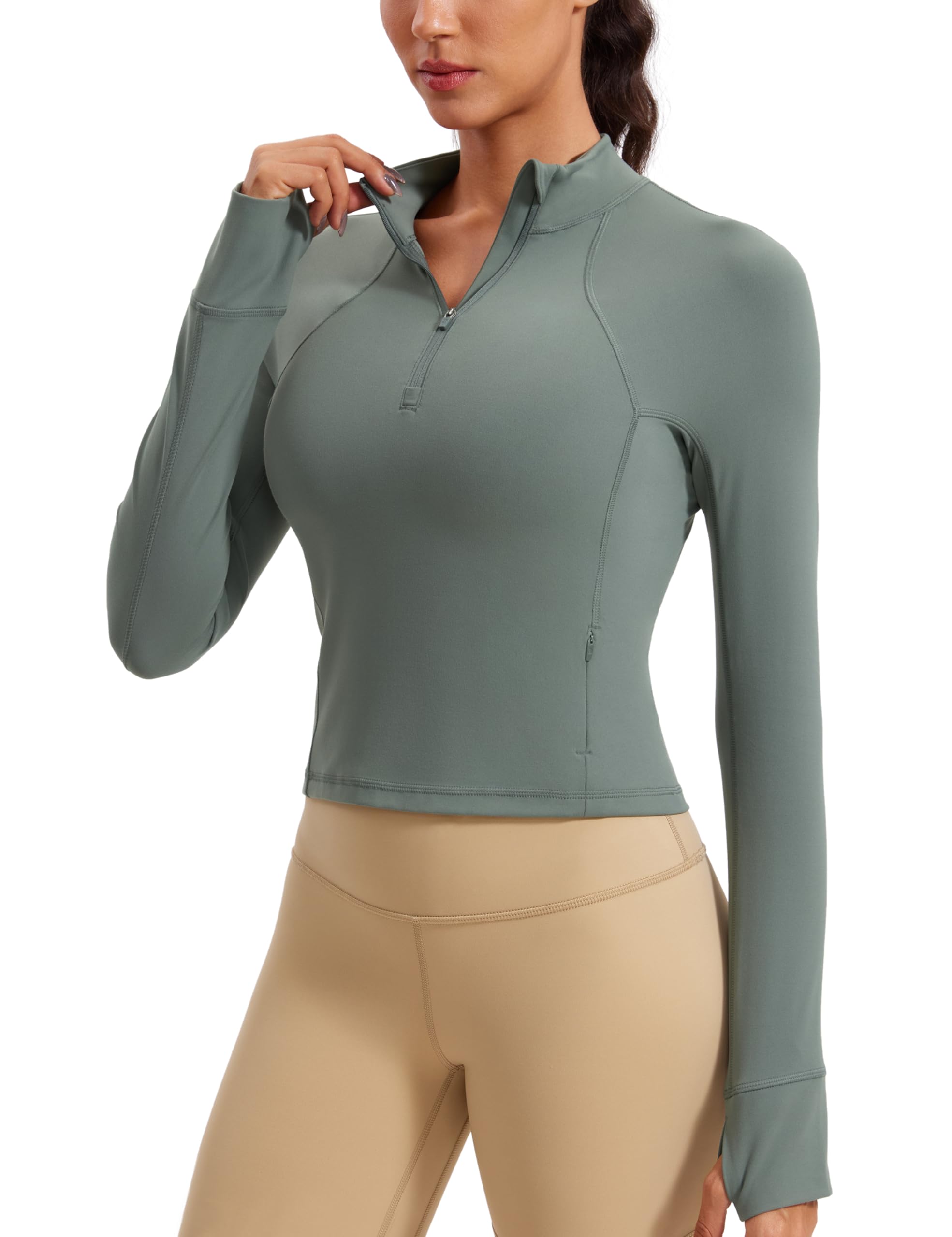 CRZ YOGA Butterluxe Half Zip Long Sleeve Shirts for Women - Workout Athletic Yoga Tops Crop Collared Quarter Zipper T-Shirt Grey Sage X-Large