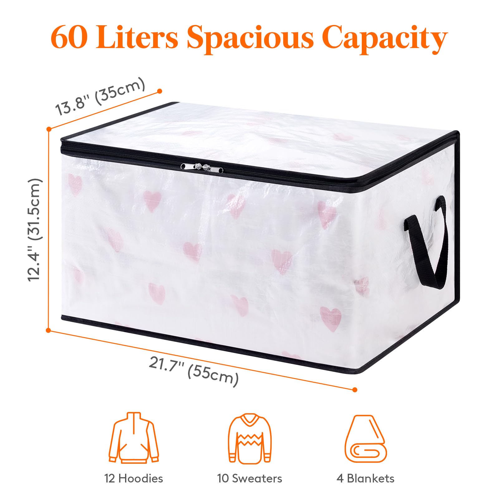 Lifewit Bolsas para Guardar Ropa Transparentes, Bolsas Almacenaje Ropa con Asas, Cajas Almacenaje Plegable de PP, Organizador Armario para Mantas, Ropa, Juguetes, Mudanza, 60 L, 4 Piezas