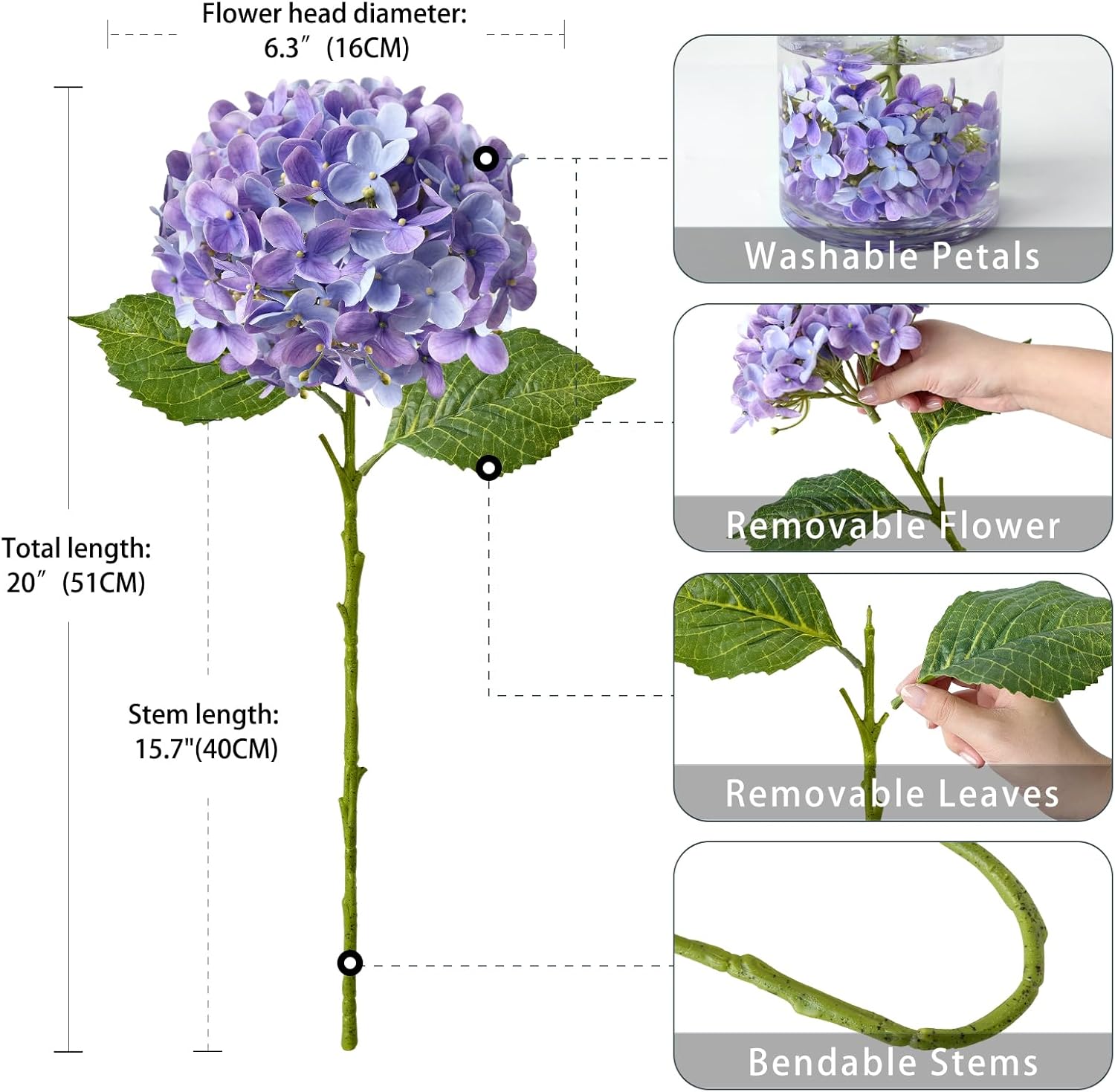 4 Pcs Bright Purple Real Touch Hydrangea Artificial Flowers Boho Lifelike Real Looking Latex Hydrangeas Flower with 20'' Long Stem for Indoor Xmas Home Decor Christmas Table Centrepiece - Image 6