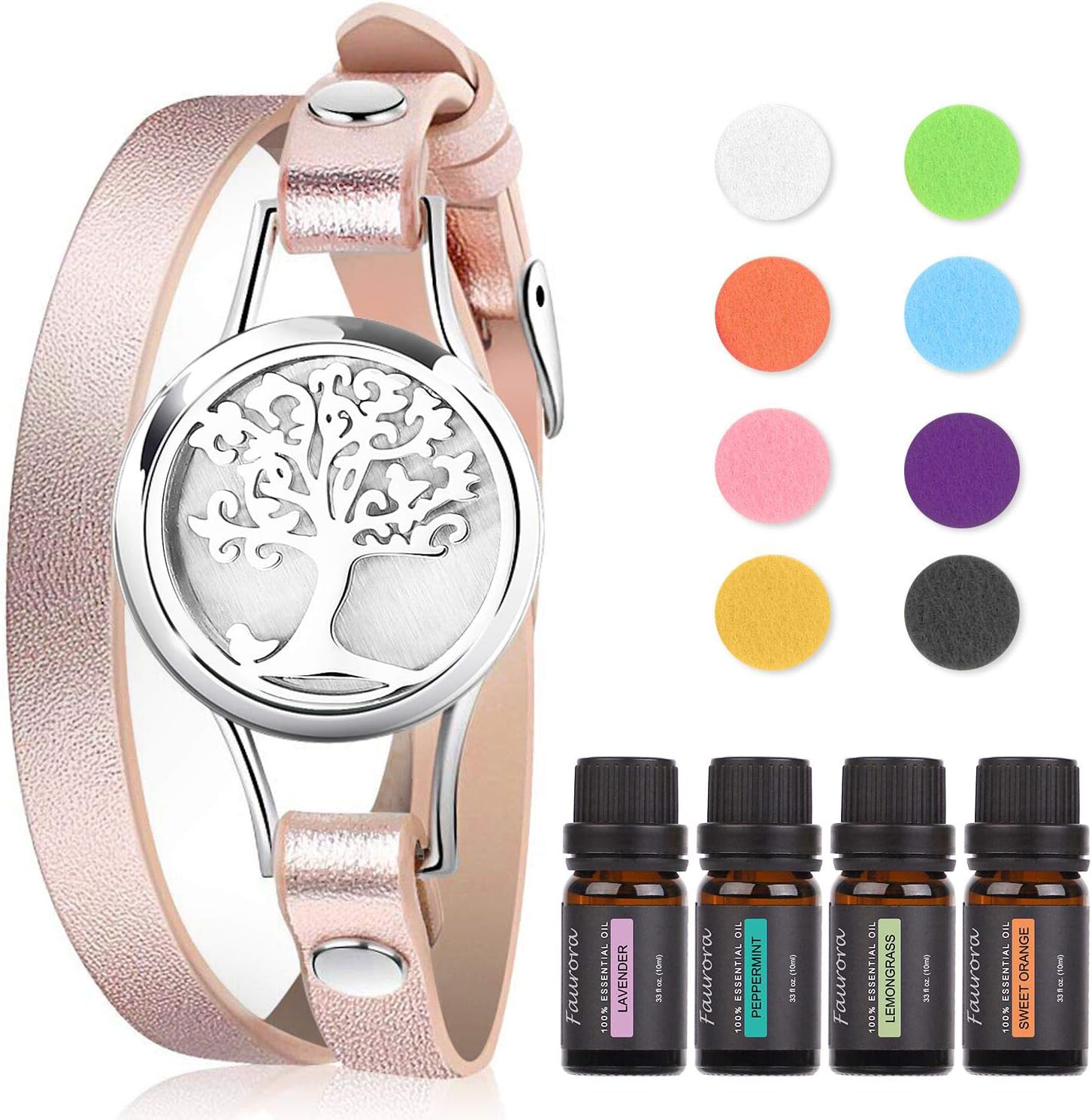 Essential Oil Bracelet Gift Set, Tree of Life Aromatherapy Diffuser Chain with 4 x 10 ML Aroma Essential Oils (Lavender, Lemongrass, Peppermint and Sweet Orange), Nice Gifts (Rose Gold)