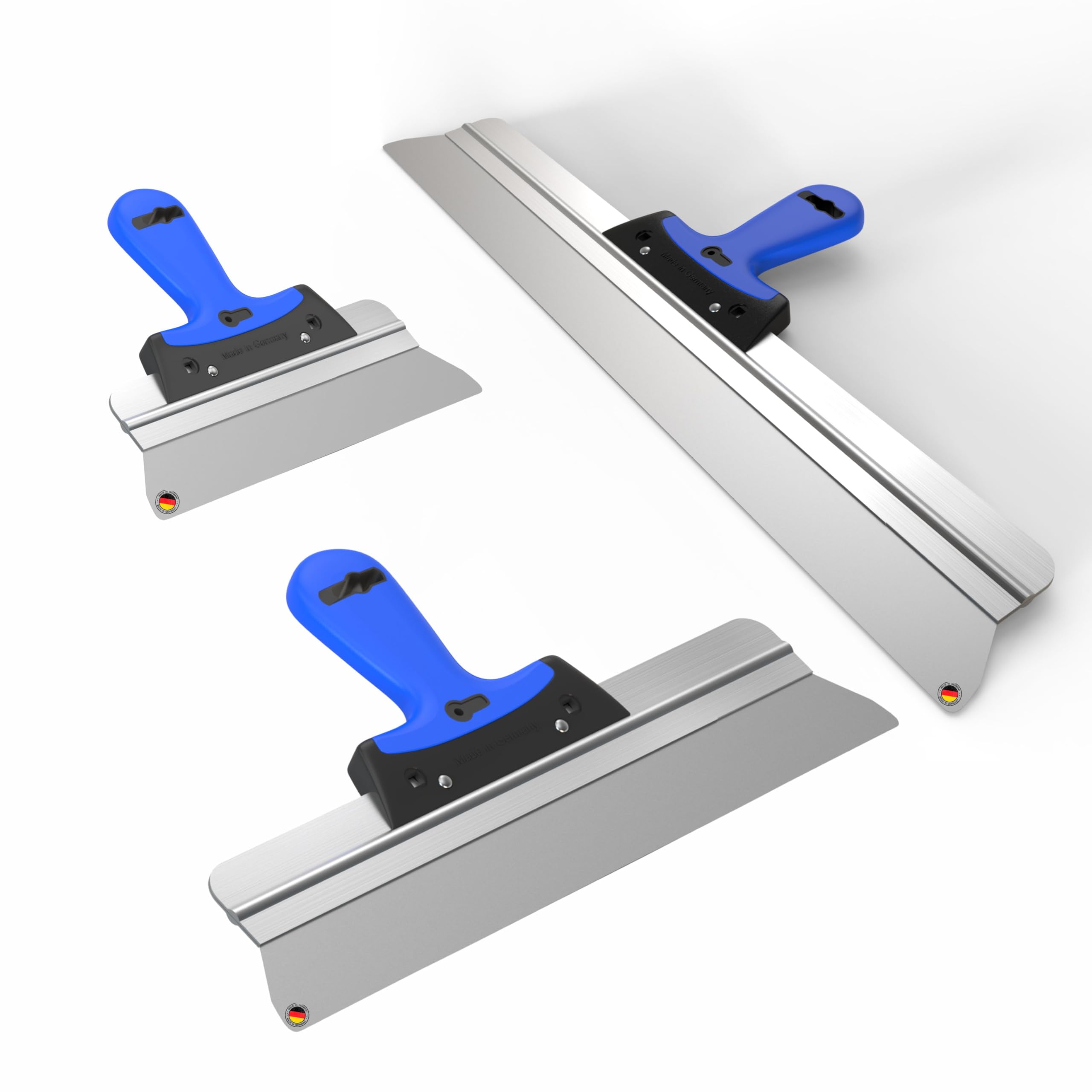 Made in Germany hochwertiges Flächenspachtel Set 25cm,40cm, 60cm zum Spachteln, Verputzen und Tapeten Entfernen, Trockenbauer Werkzeug mit Softgriff und abgerundeten Ecken (25,40,60cm)