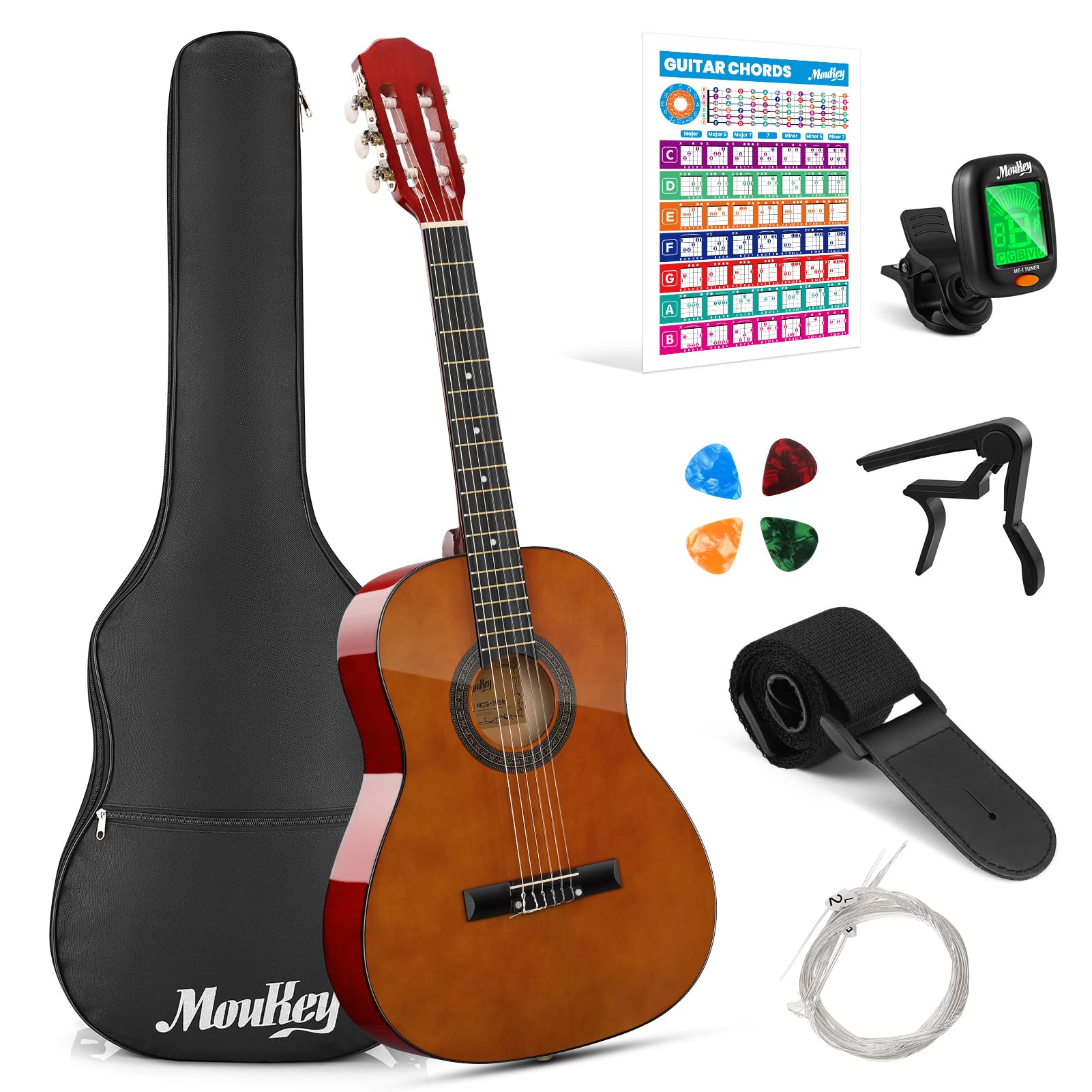 Moukey 36" Acoustic Guitar for Beginners Kids Youth 3/4 Size Dreadnought Travel Guitarra Acustica Kit with Chord Poster, Gig Bag, Tuner, Picks, Nylon Strings, Capo, Strap - Brown
