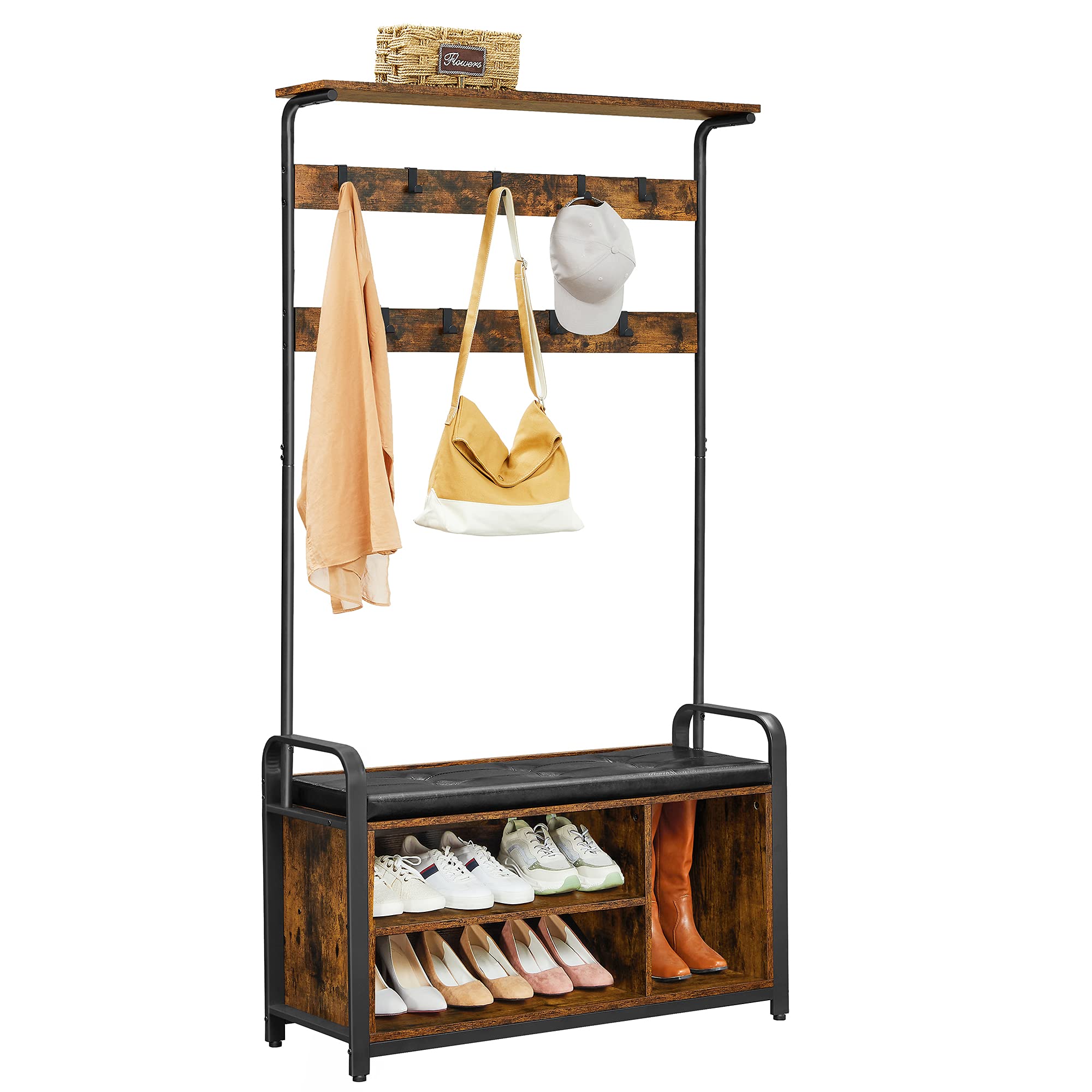 VASAGLE Hall Tree with Storage Bench, Entryway Storage with 9 Hooks