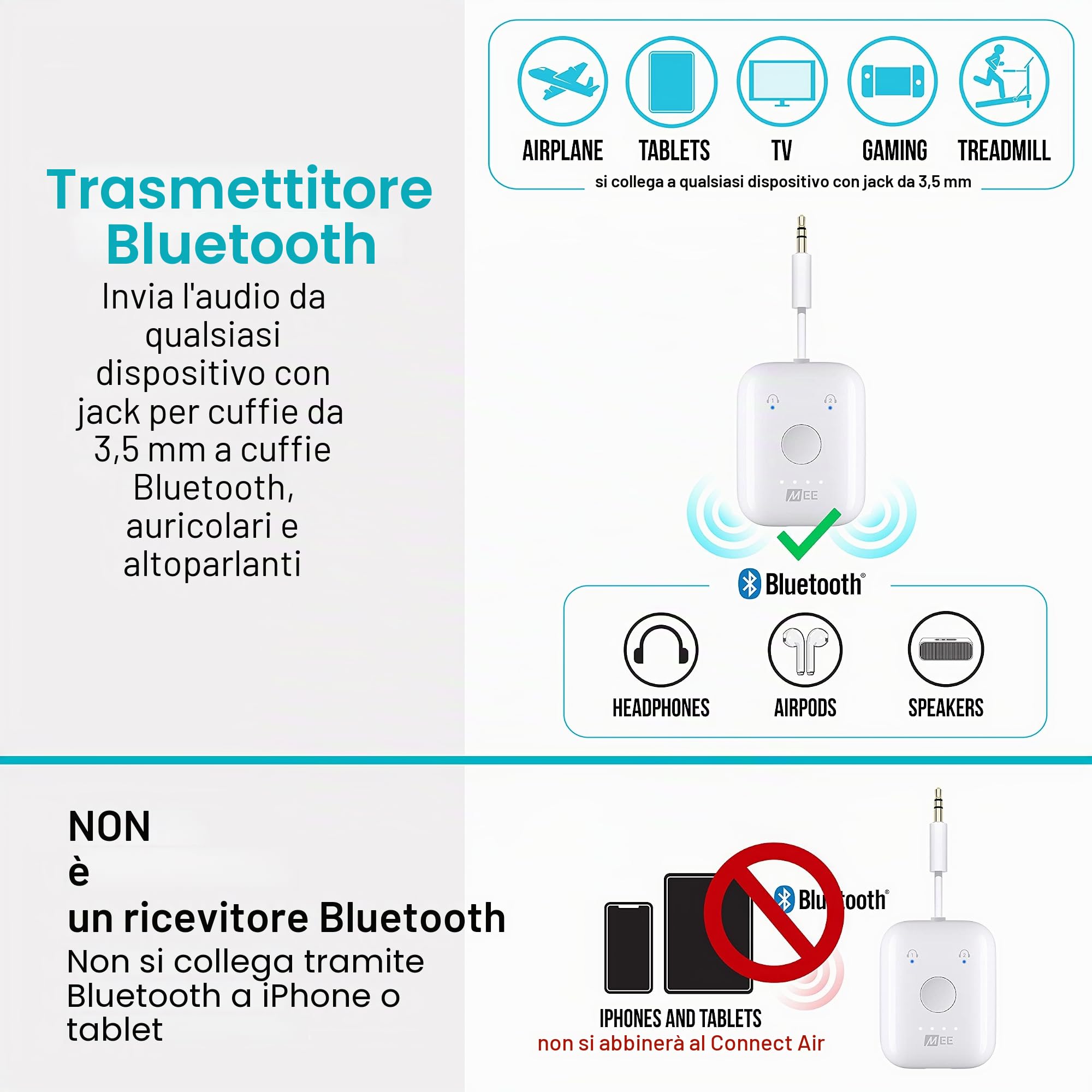 MEE audio Connect Air - Trasmettitore Audio Wireless Bluetooth per Cuffie, 2 Dispositivi, Audio Stereo Senza Fili: Utilizzalo su Aerei, TV, Palestra, Console, e Altro Ancora, Bianco