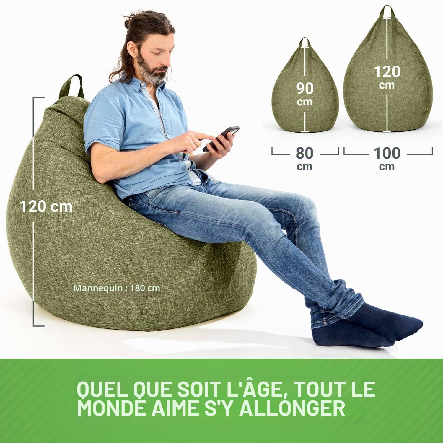 Green Bean© Pouf d'Intérieur XXL de 300 litres avec Remplissage de Perles EPS Doux Moelleux Lavable - Tissu Intérieur Coussin de Sol Coussin de Repos Coussin de Siège