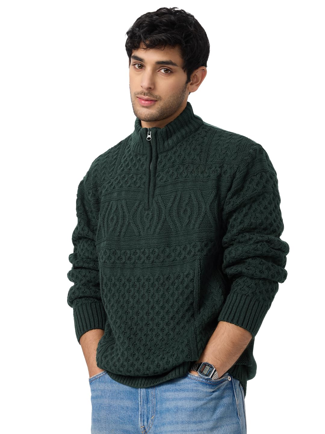 the souled store Cable Knit Pullover: Emerald Men and Boys Long Sleeves Stand Collar Solid Acrylic Oversized Pullovers-picture-44