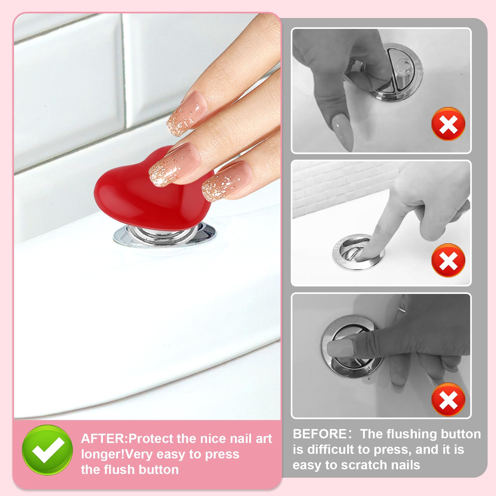 Bewudy 4 Pcs Toilet Button Pusher, Love Heart Shaped Toilet Tank Button Toilet Flush Button Pusher - Image 3