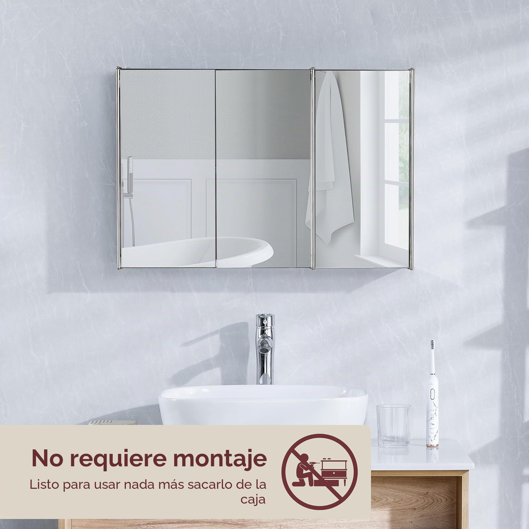 Home Discount Tiano - Armario de baño, Triple Espejo, Acero Inoxidable, montado en la Pared, Moderno