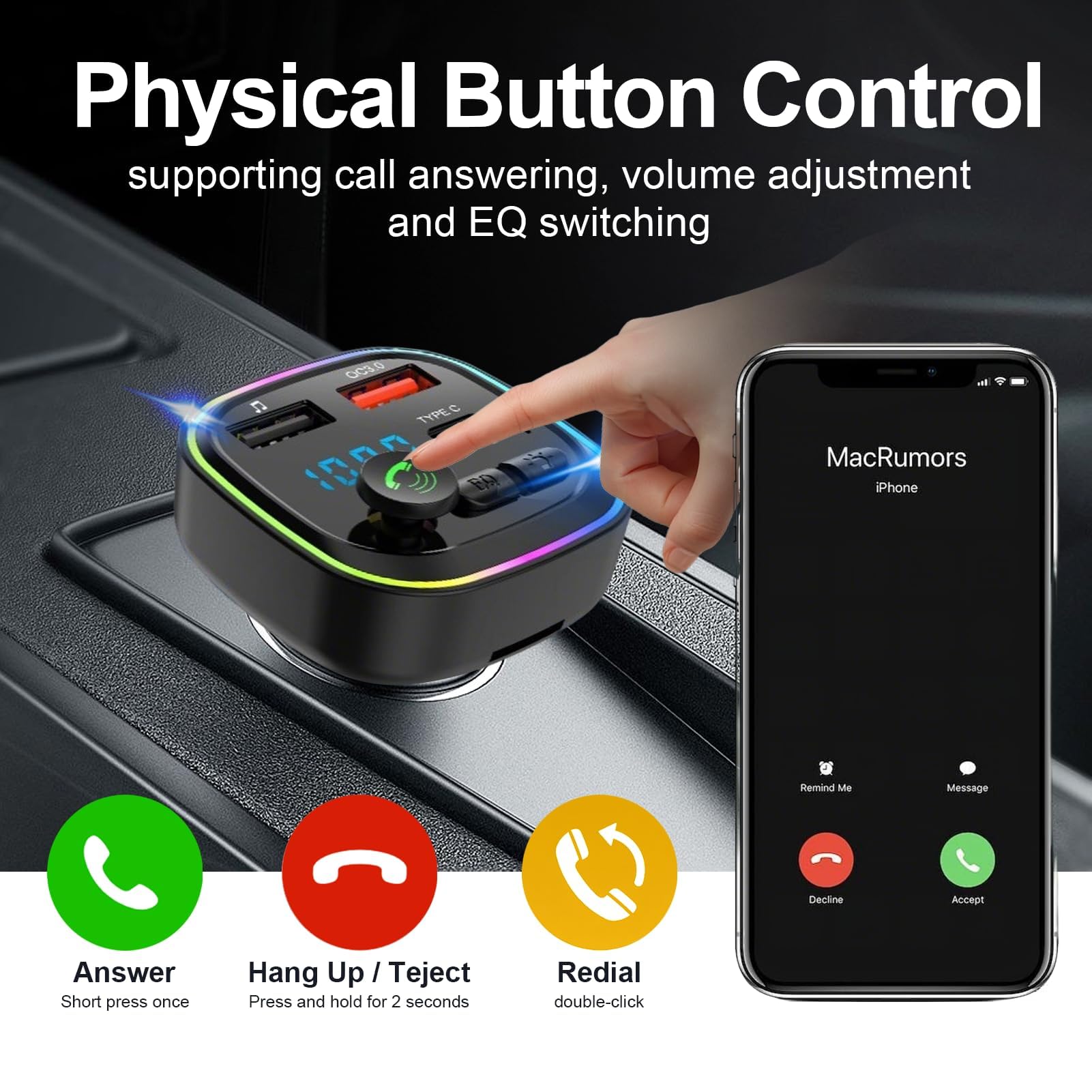 Bluetooth Car Adapter FM Transmitter PD 30W Fast Charging, QC3.0 USB C Cigarette Lighter Adapter with LED Display, Wireless Music and Hands Free Calling Use — view 4
