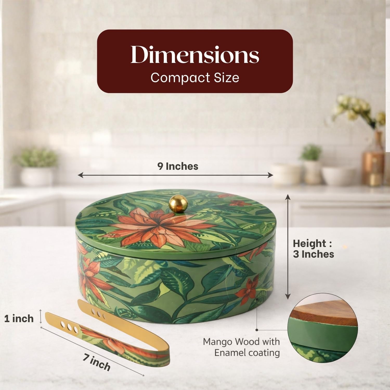 nestroots Tortilla Warmer, Mango Wood Roti box with Steel Tong - 9 x 3 Inch