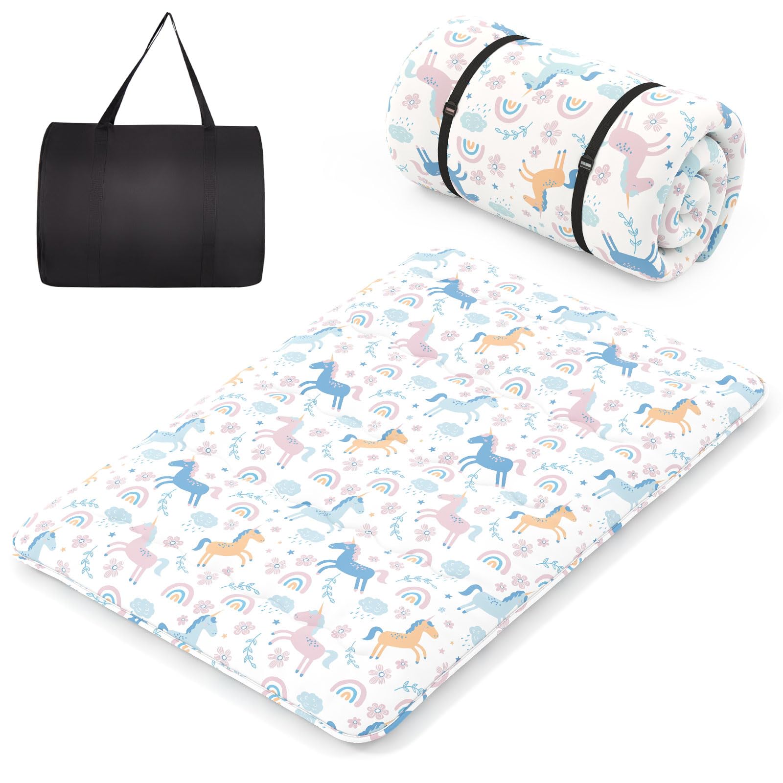 COSTWAY Japanse futon matras, tatami-mat, vloermat, vouwmatras met wasbare overtrek, opvouwbare slaapmat met draagtas, beige, 90 x 200 cm (140 x 200 cm, kleurrijke ponys