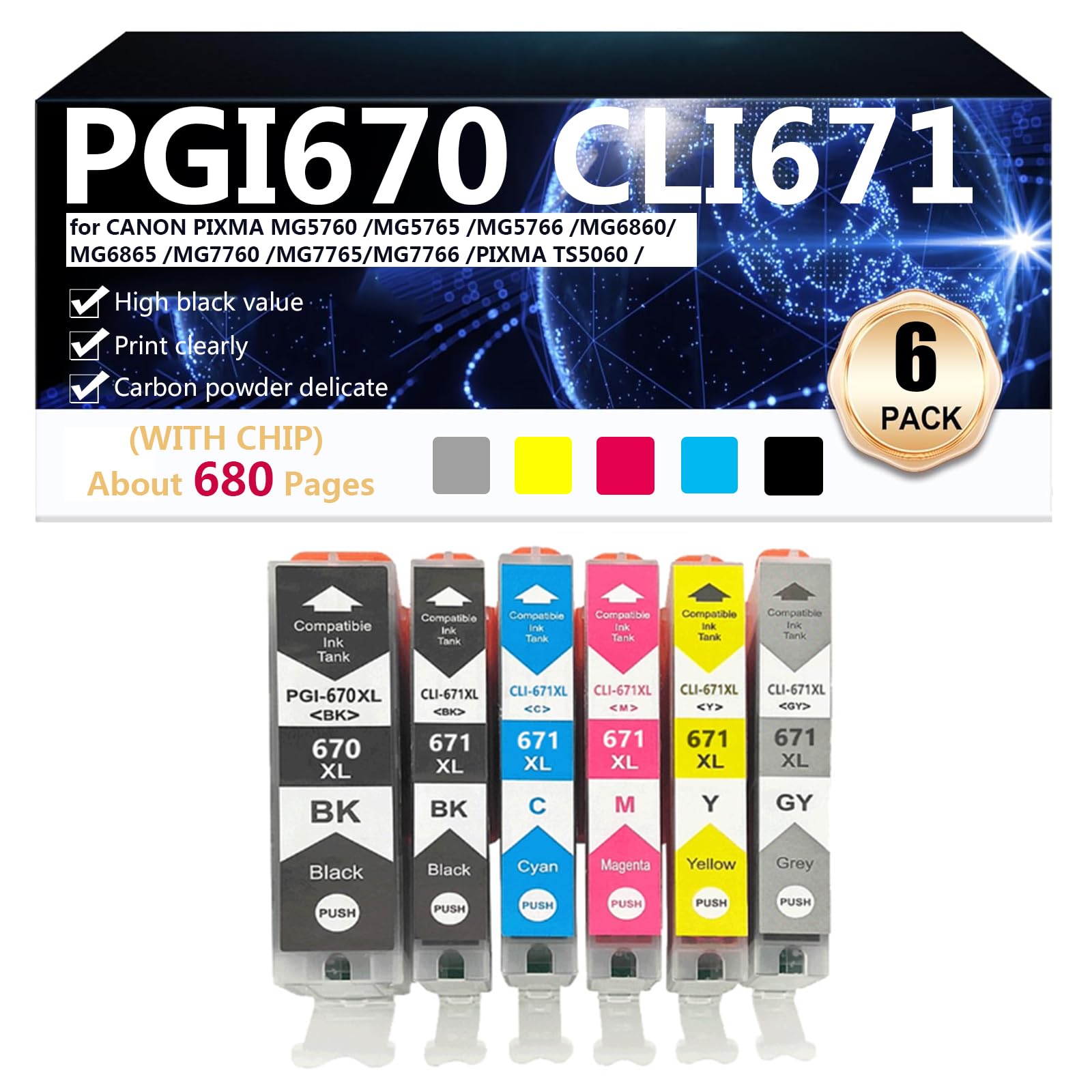 Cartucce D'inchiostro Compatibili per PGI670 CLI671 per Canon PIXMA MG5760 MG5765 MG5766 MG6860 MG6865 MG7760 MG7765 MG7766 Stampante Cartucce D'inchiostro ad Alta Resa, 680 Pagine,1 Set
