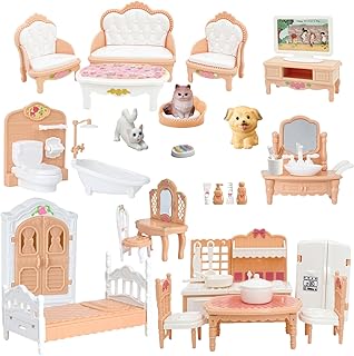 Dollhouse Furniture Set, Complete Room Collection with Kitchen, Dining, Living Room, Bedroom and Bathroom Accessories, Plastic (36-Piece Hrown)
